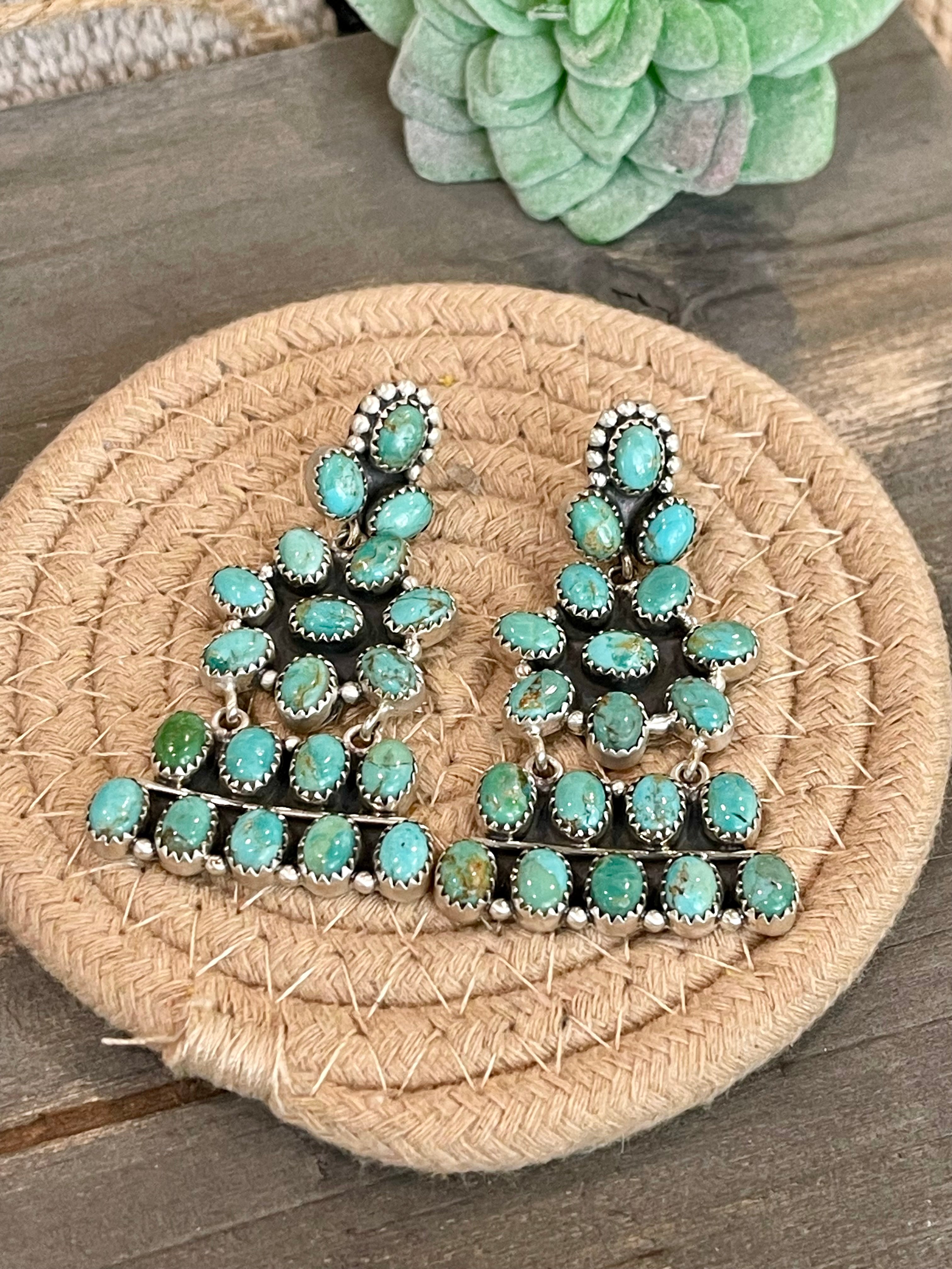 Handmade Turquoise & Sterling Silver Post Dangle Cluster Earrings