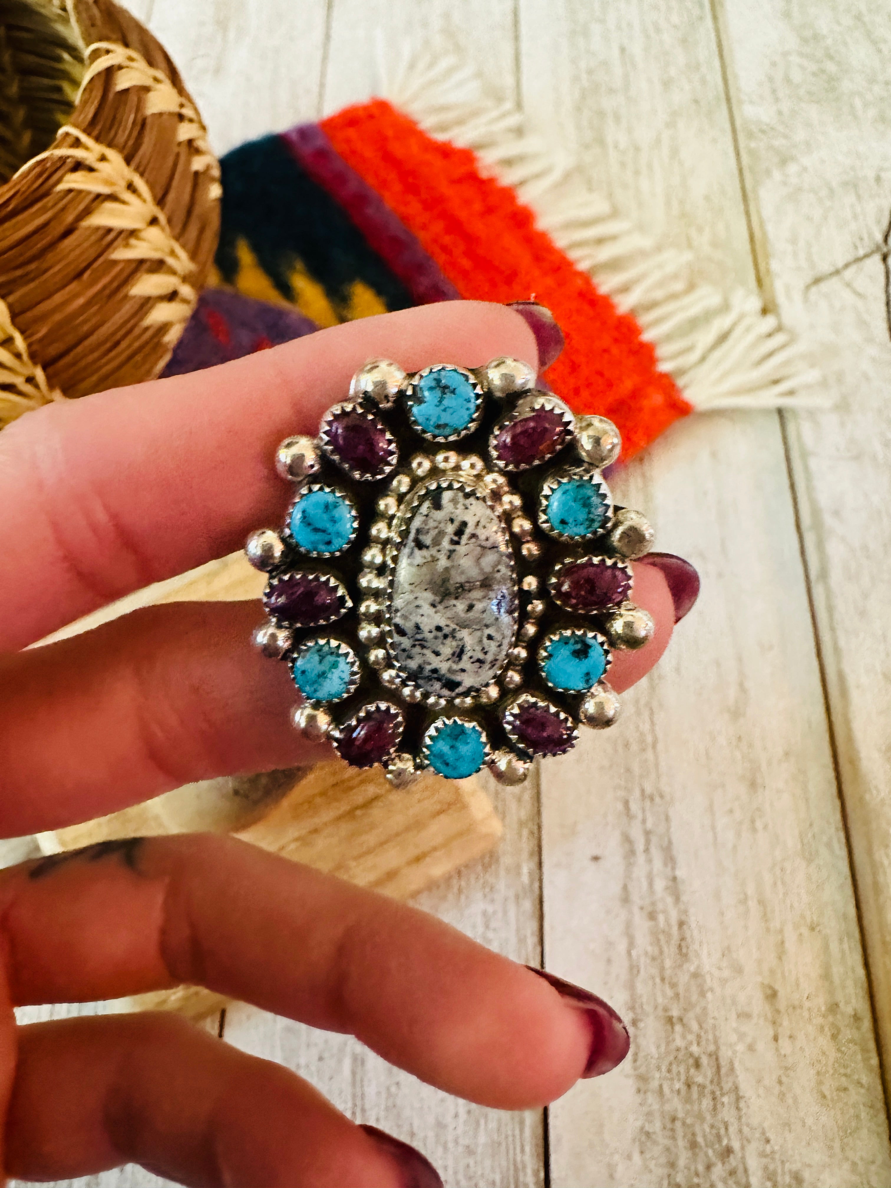 Handcrafted Sterling Silver & Multi Stone Cluster Adjustable Ring