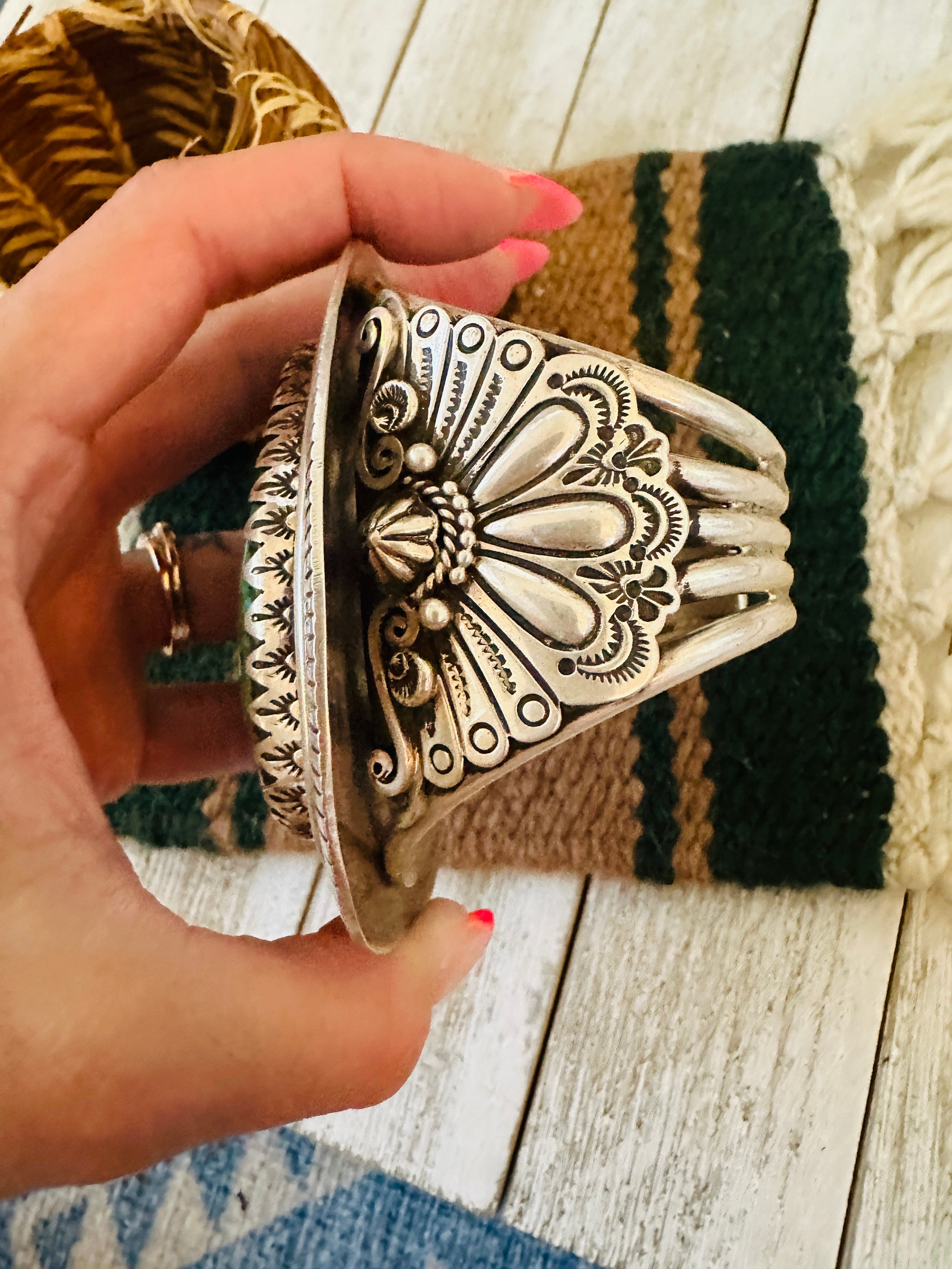 Old Pawn Handcrafted Sterling Silver & Spider Web Kingman Turquoise Cuff Bracelet