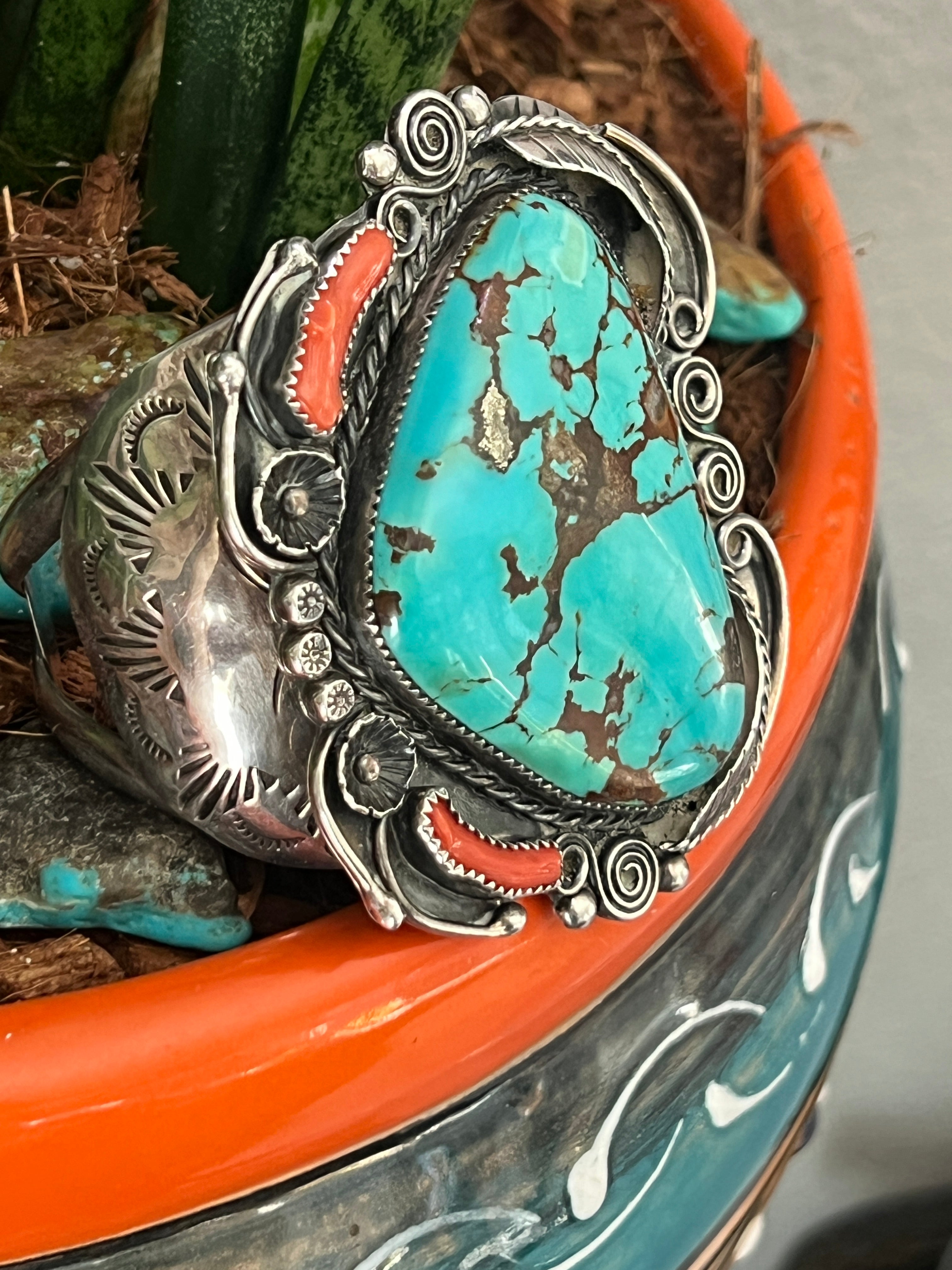 Handcrafted Vintage Sterling Silver, Turquoise and Coral Cuff Bracelet, Unsigned /