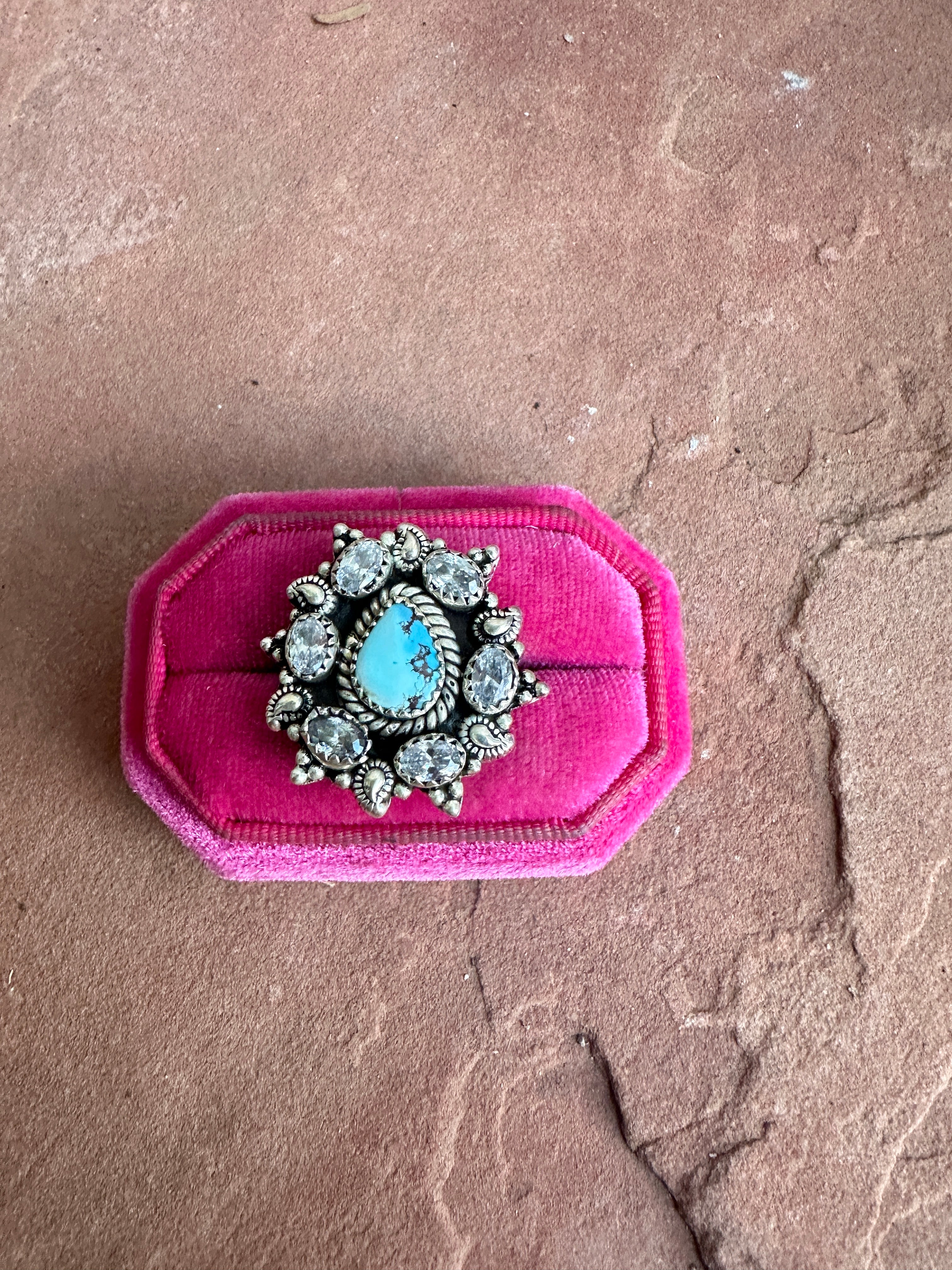 Beautiful Handmade Golden Hills Turquoise , CZ And Sterling Silver Adjustable Ring