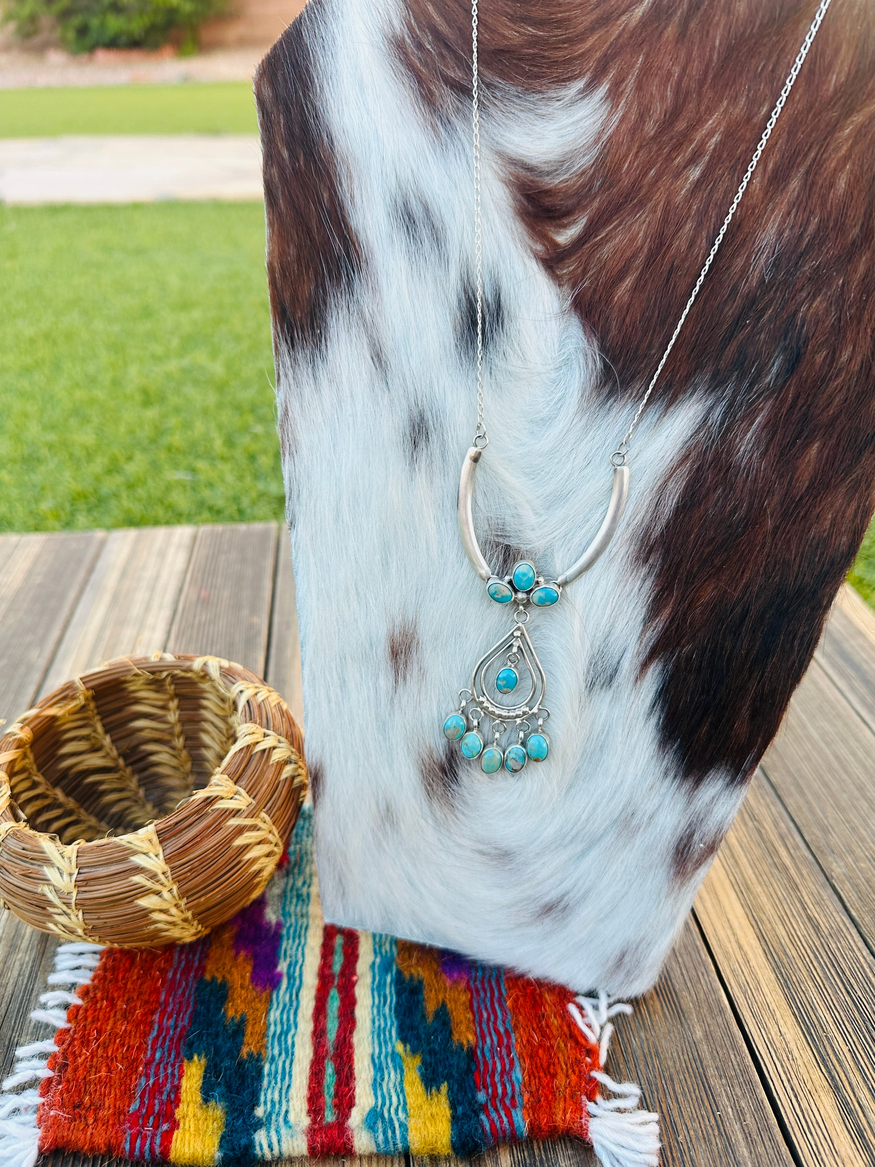 Handcrafted Turquoise & Sterling Silver Chandelier Necklace by Pearlene Spencer