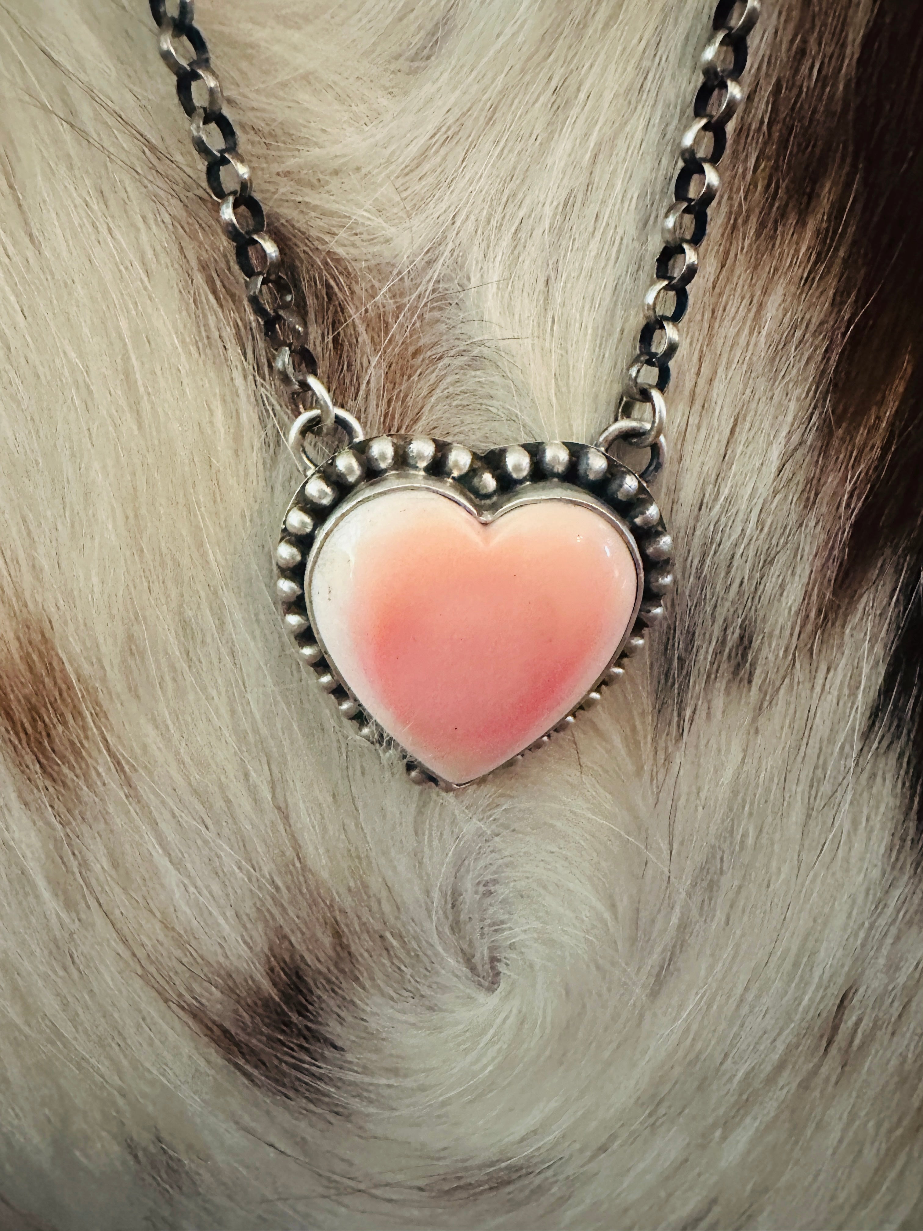Handcrafted Queen Pink Conch & Sterling Silver Heart Necklace by Emer Thompson
