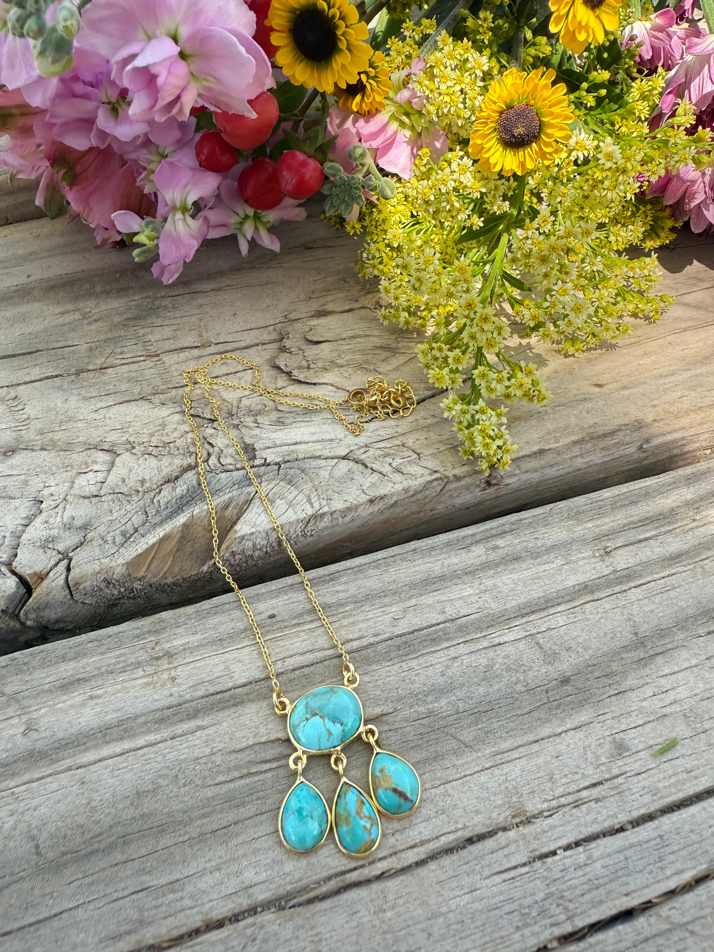“The Golden Collection” Natural Turquoise 4 Stone Handmade Gold Plated Necklace