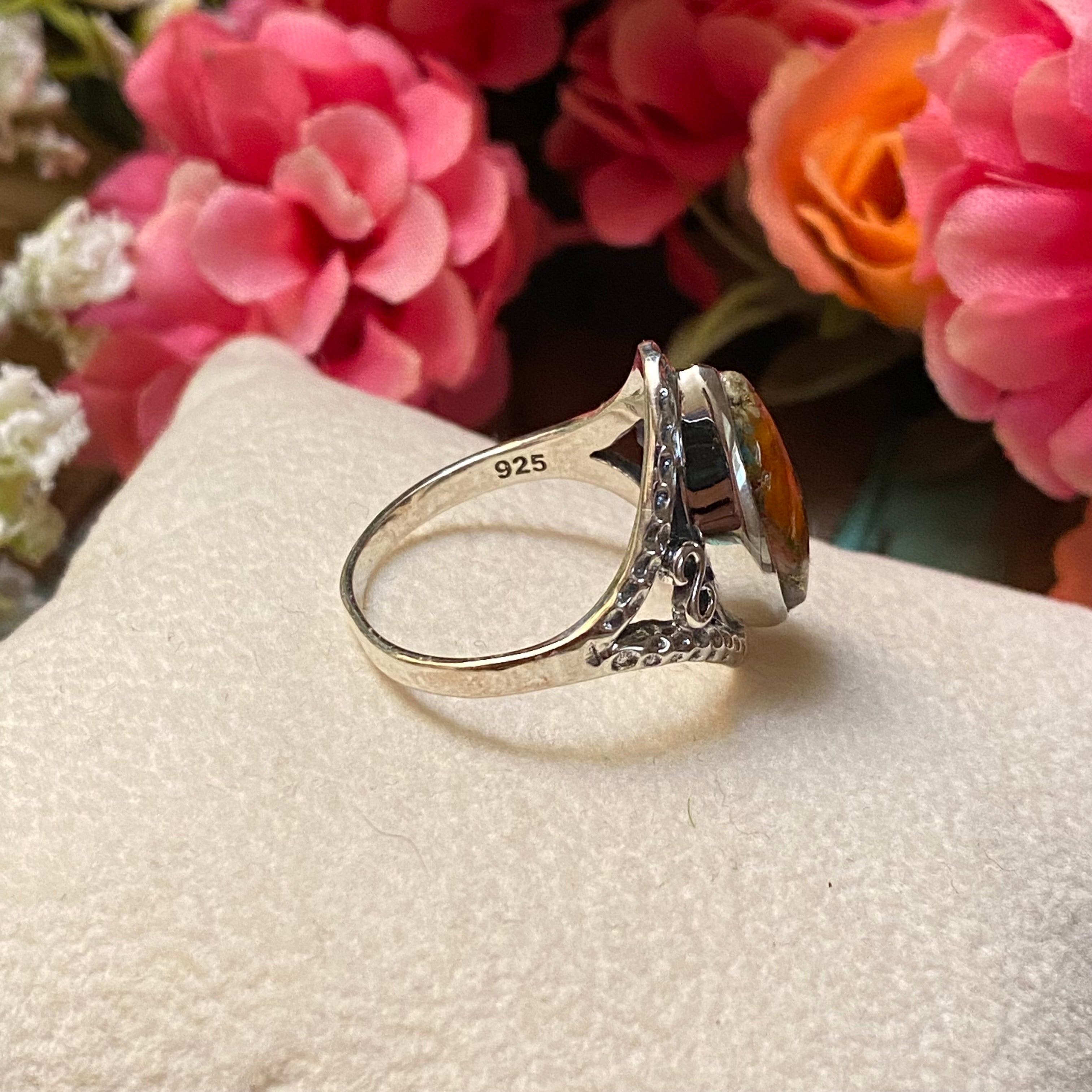 Sterling Silver Orange Spiny Turquoise Ring Size 8.75