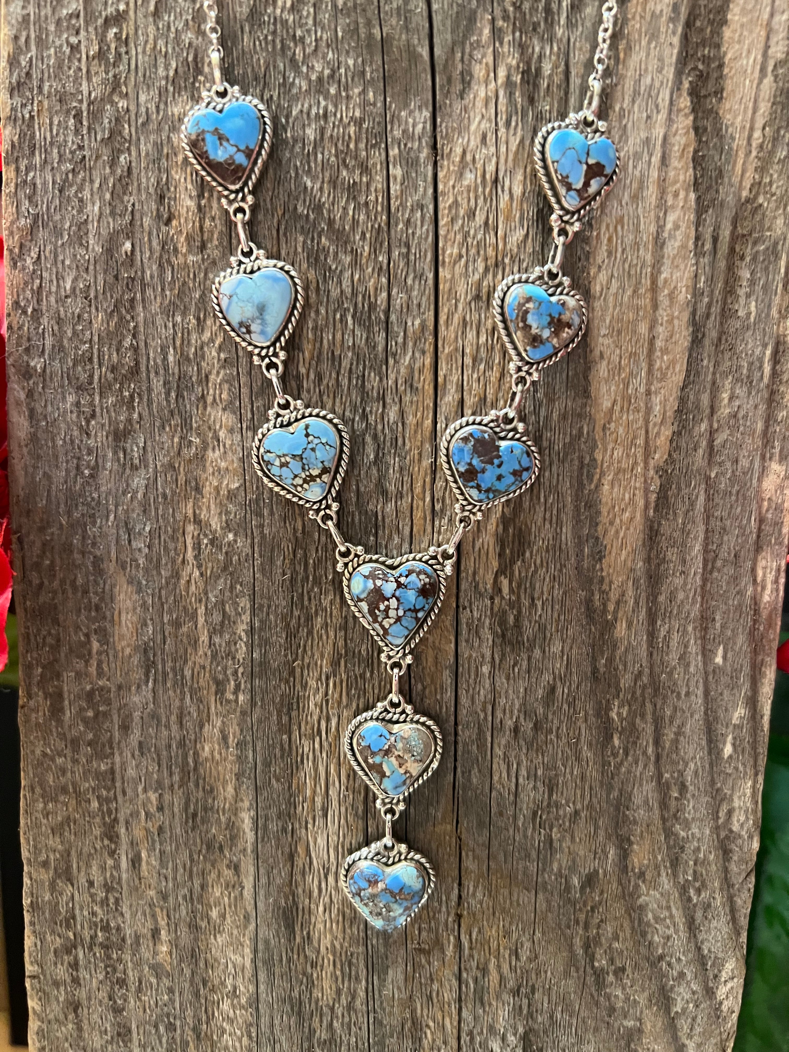 Handmade Sterling Silver & Golden Hills Turquoise 9 Heart Lariat Necklace