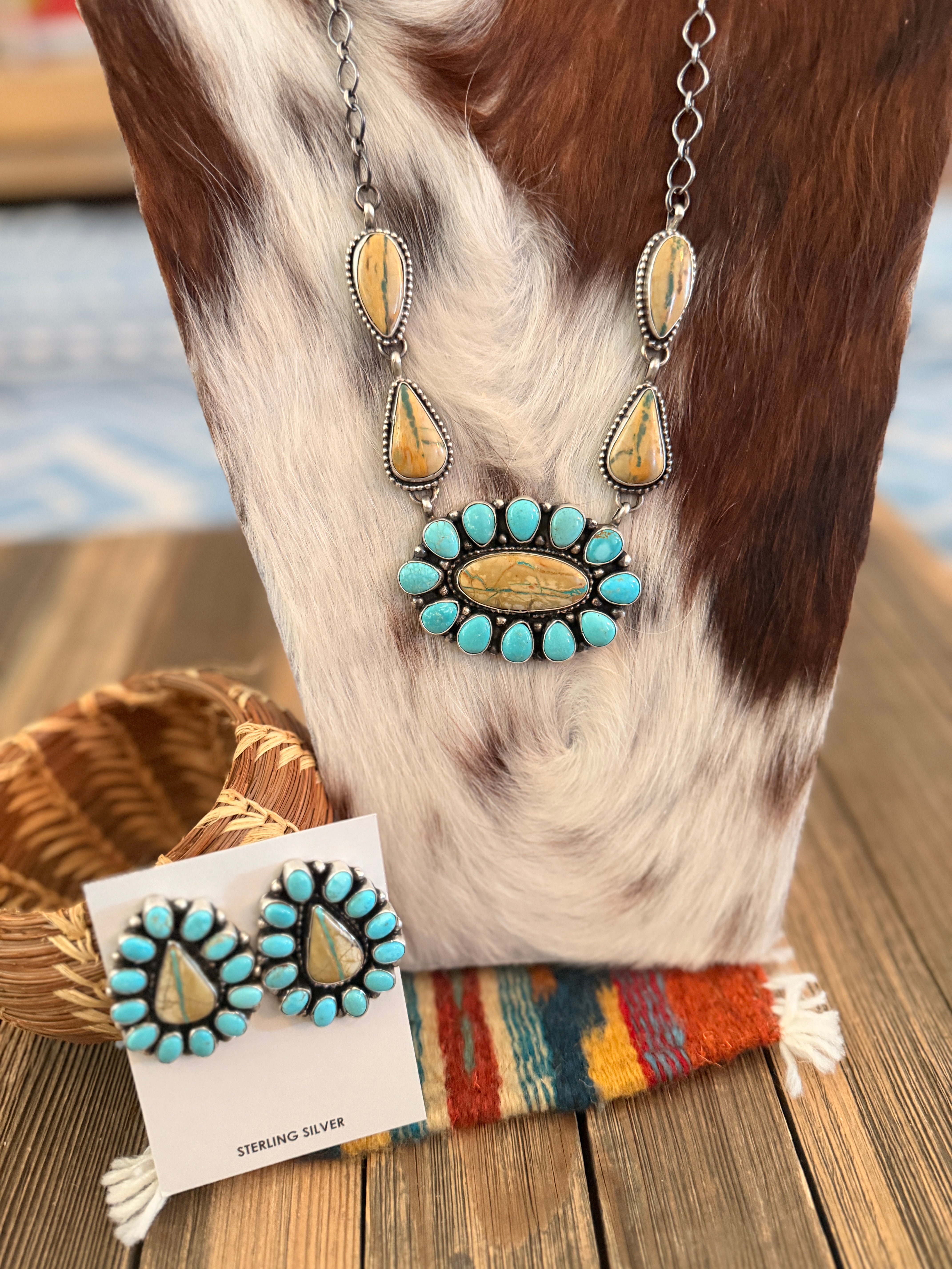 Handcrafted Multi Turquoise & Sterling Silver Necklace and Earring Set by Sheila Becenti