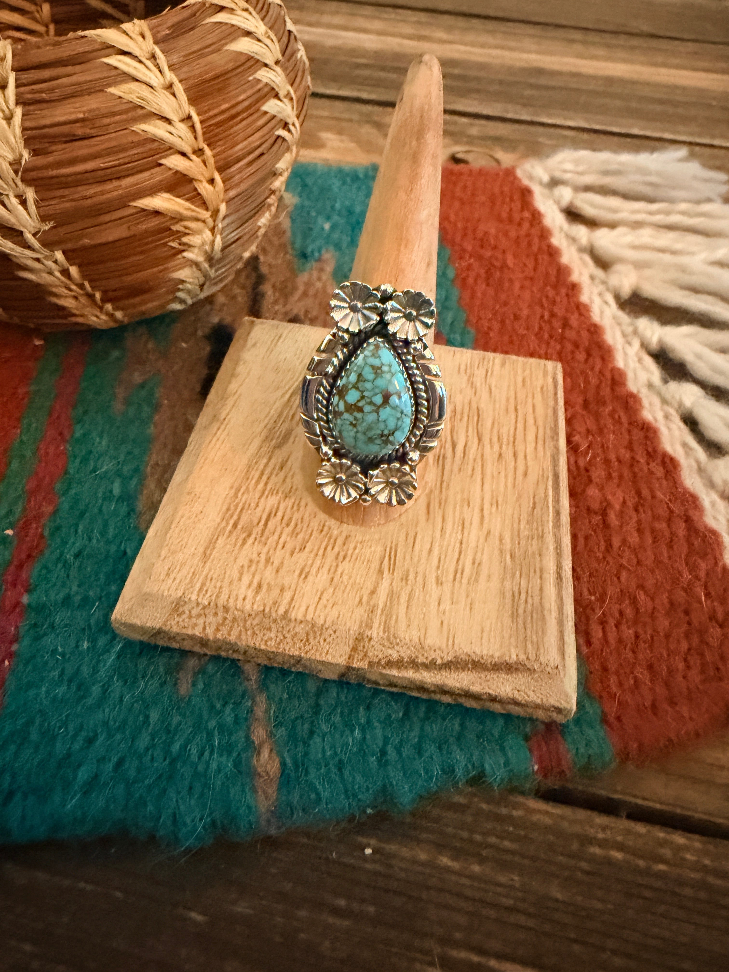 Handmade Sterling Silver Number 8 Turquoise Adjustable Ring Signed Nizhoni