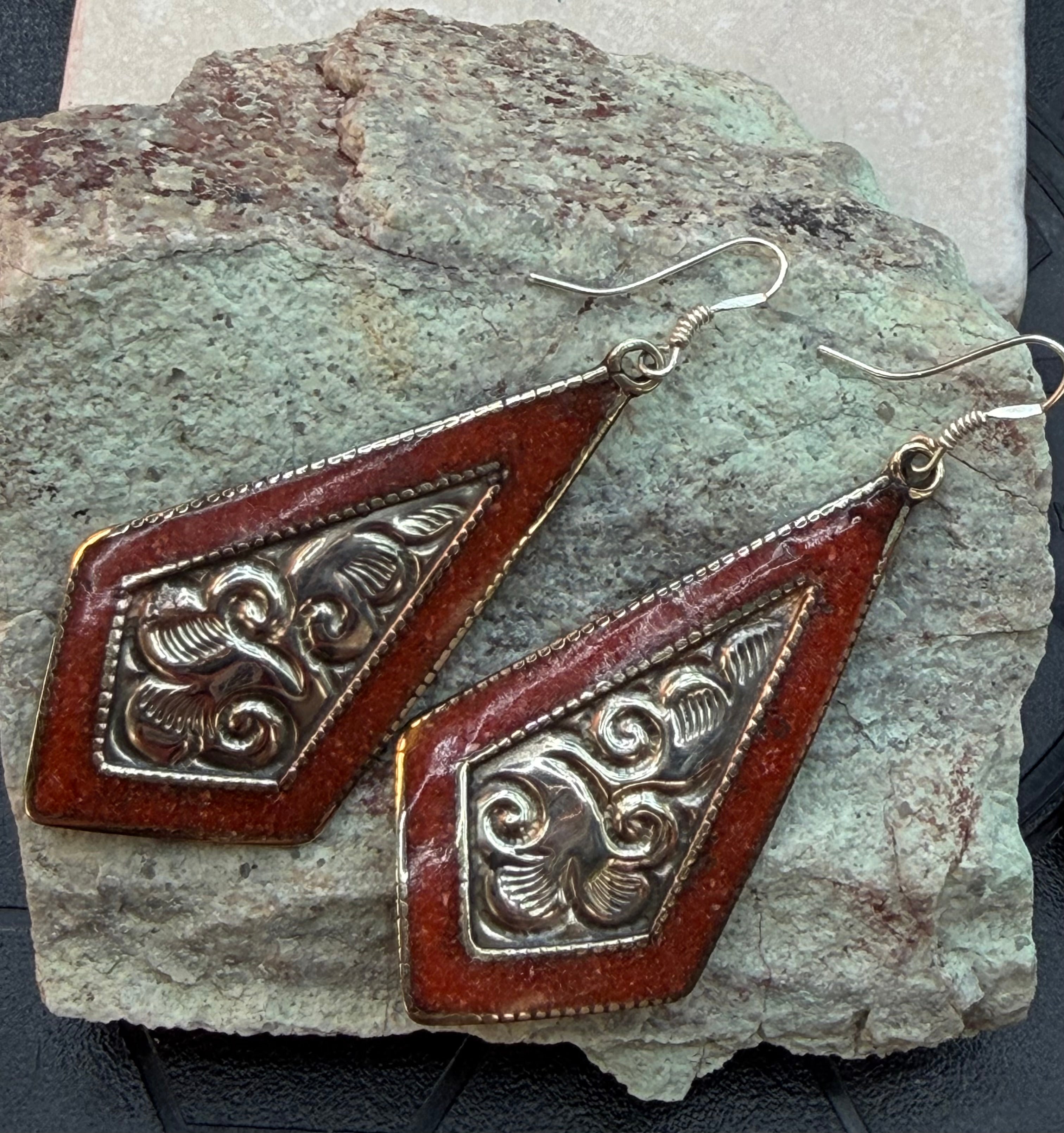 Rustic Western Silver Embossed Drop Earrings