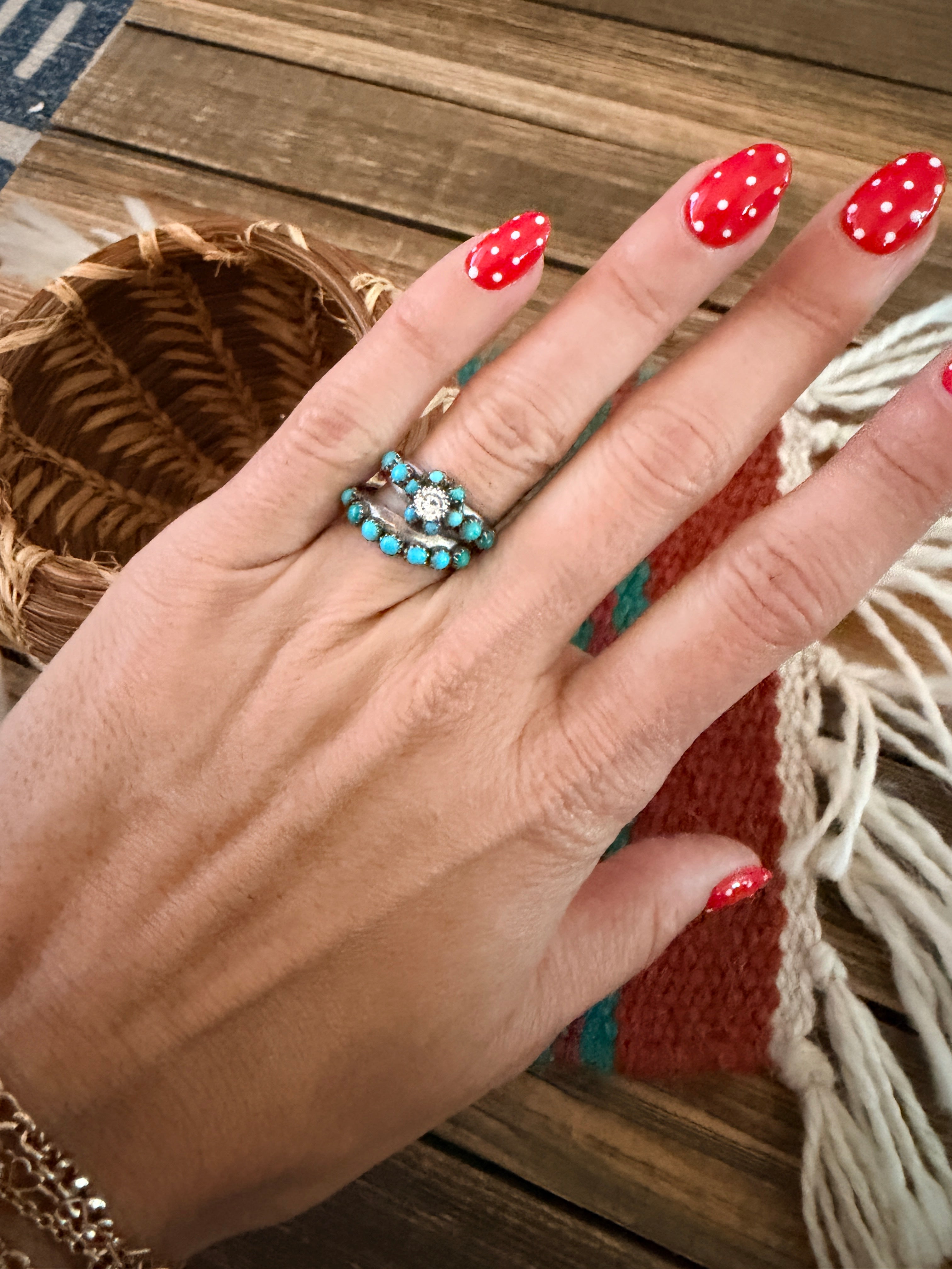 Old Pawn Handcrafted Turquoise, CZ & Sterling Silver Ring Set Size 5.25 by Joel Gray
