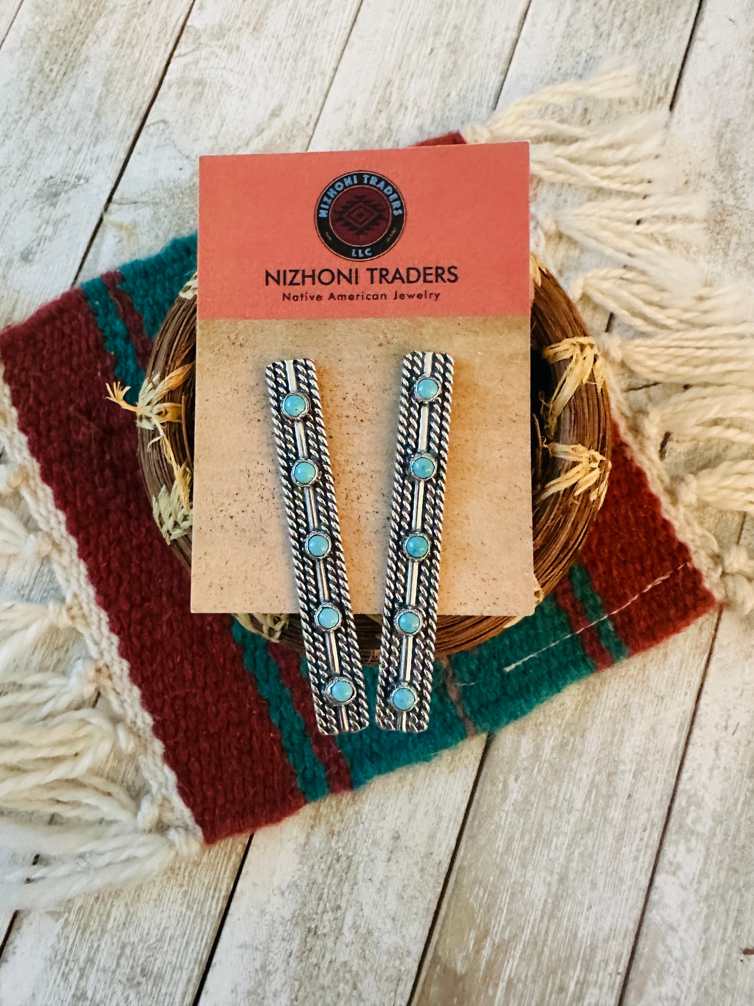 Handcrafted Sterling Silver & Turquoise Five Stone Drop Dangle Earrings