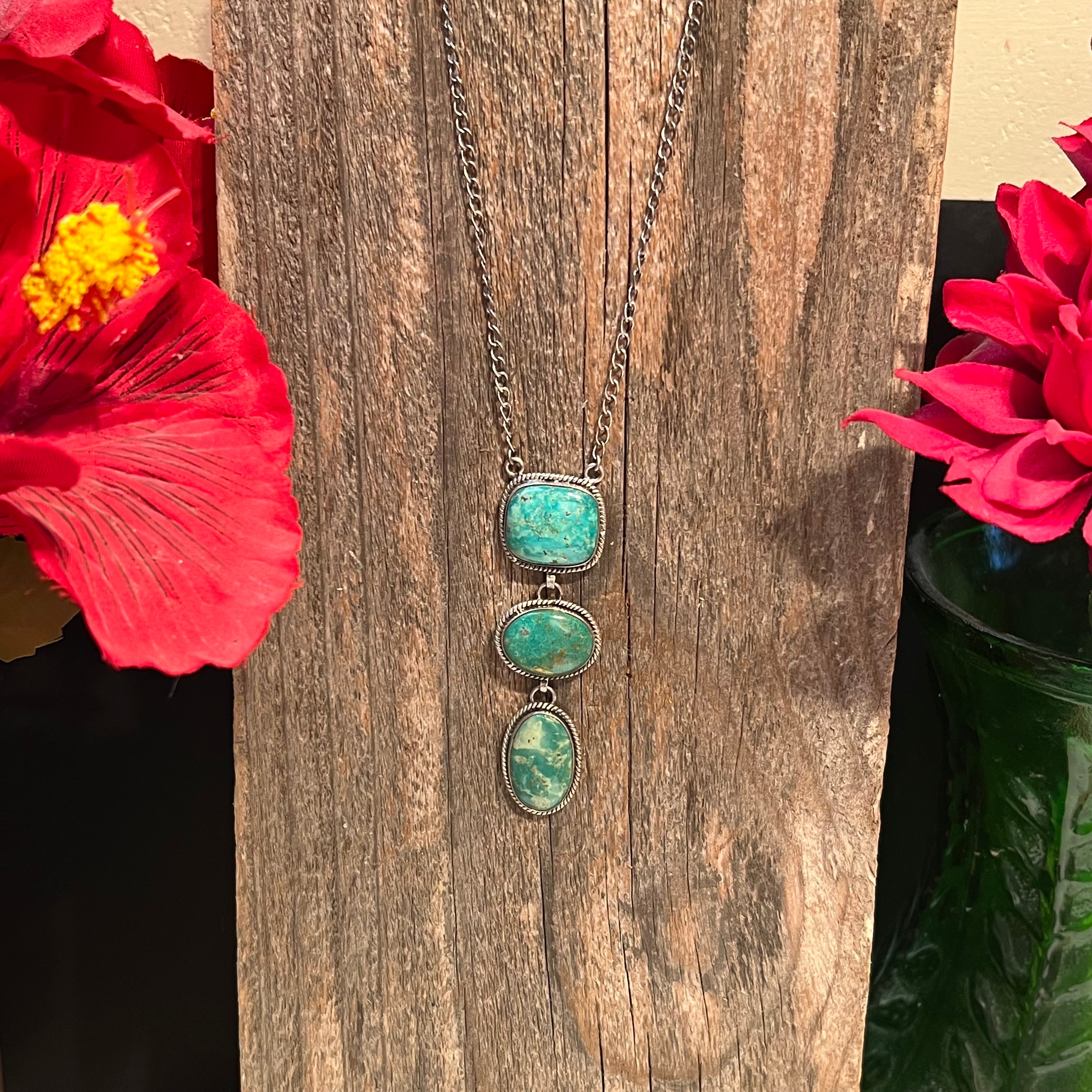 Handmade 3 Stone Turquoise & Sterling Silver Drop Necklace (03)