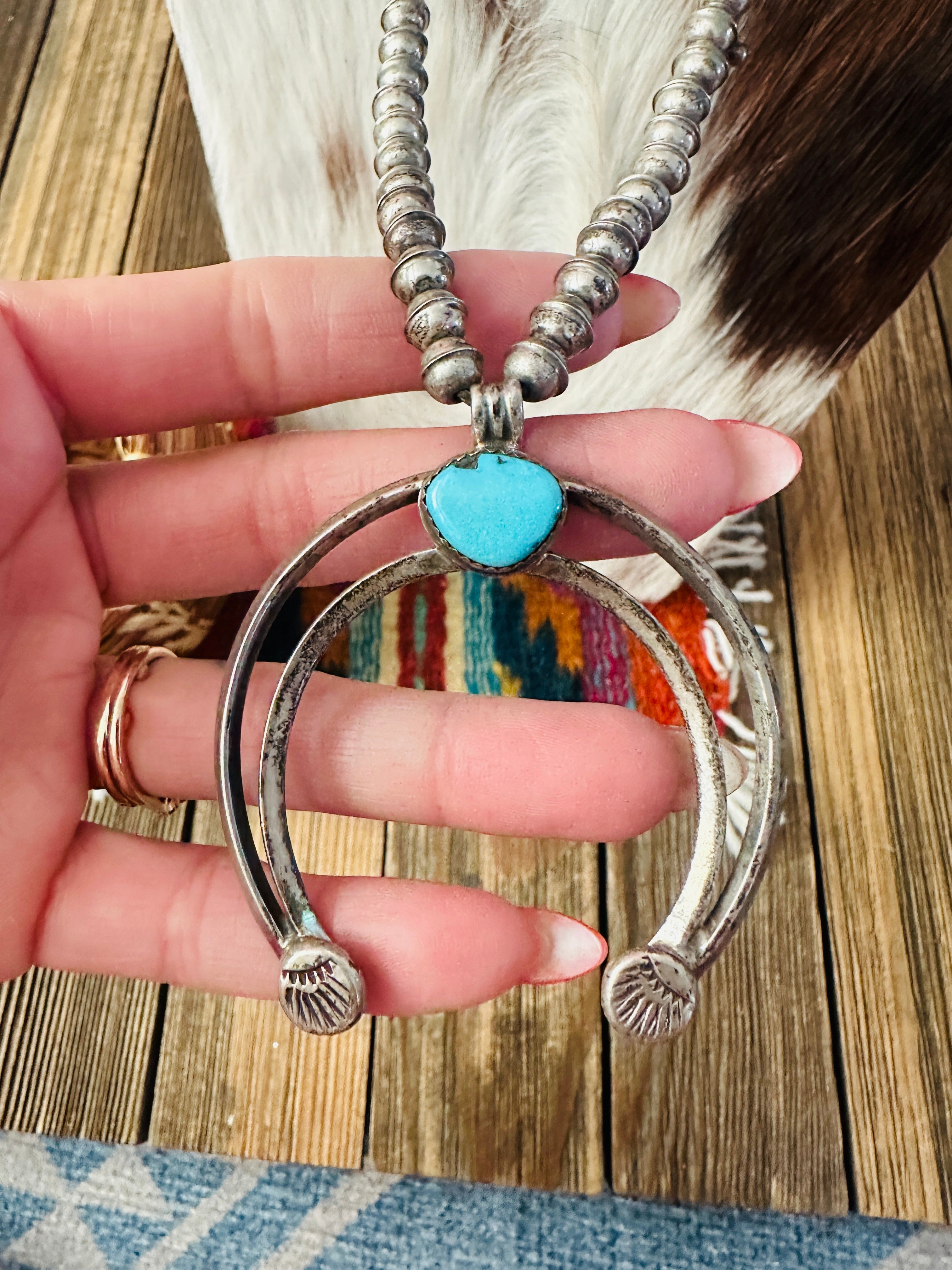 Old Pawn Handcrafted Turquoise & Sterling Silver Squash Blossom Necklace