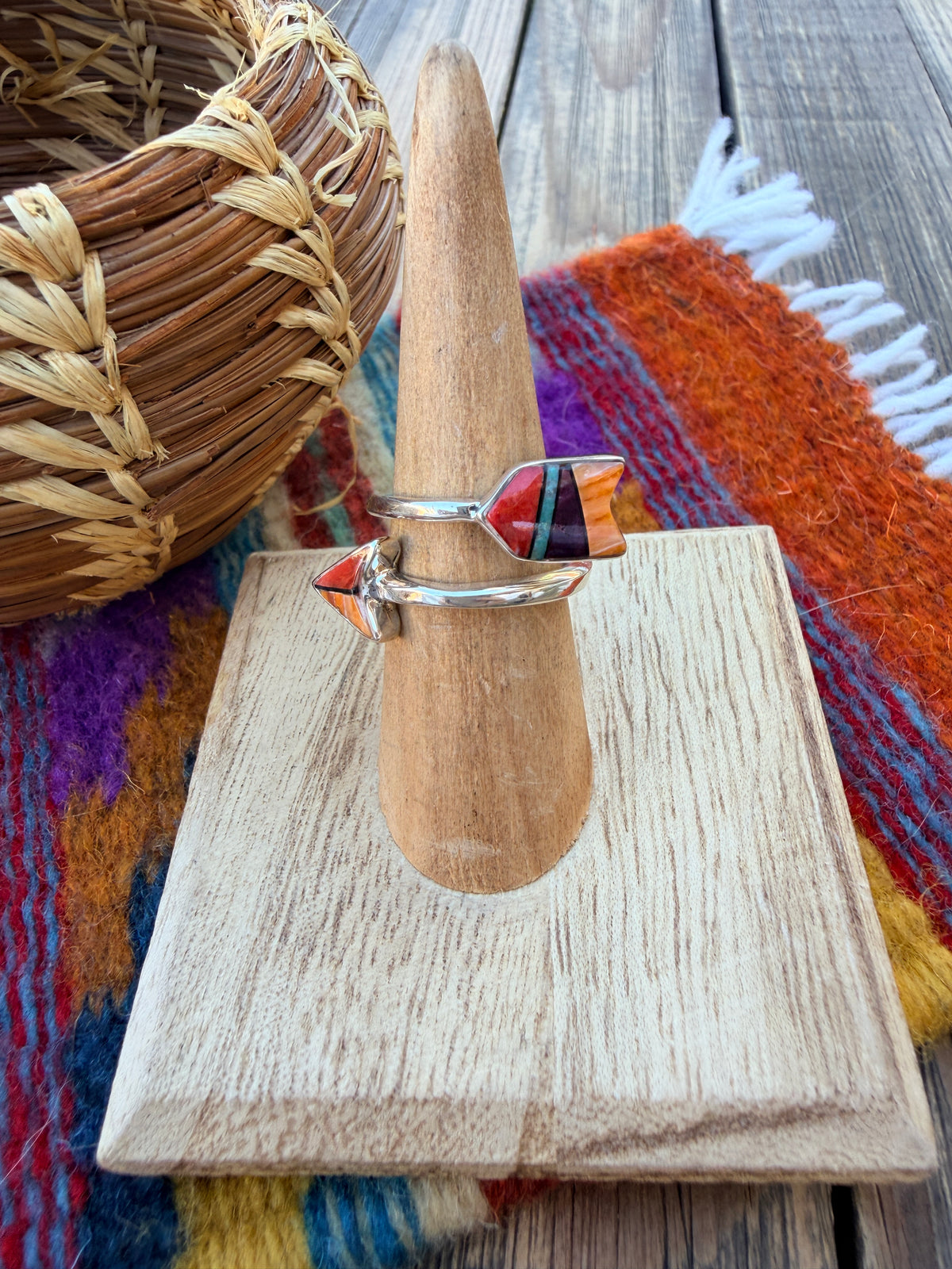 Handcrafted Sterling Silver, Spiny Oyster & Turquoise Inlay Adjustable Arrow Ring
