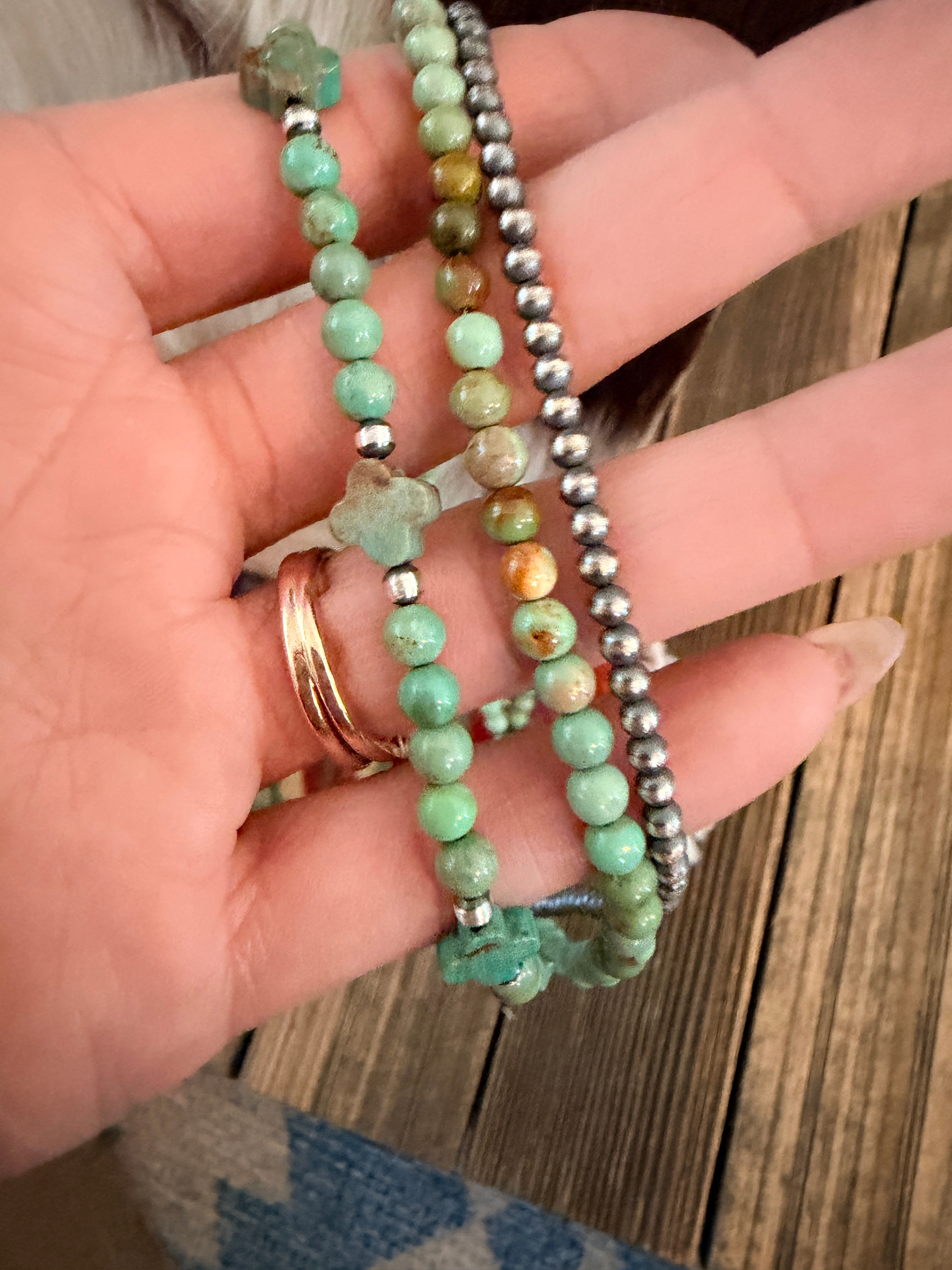 Handcrafted Turquoise and Sterling Silver Pearl Triple-Strand Beaded Necklace