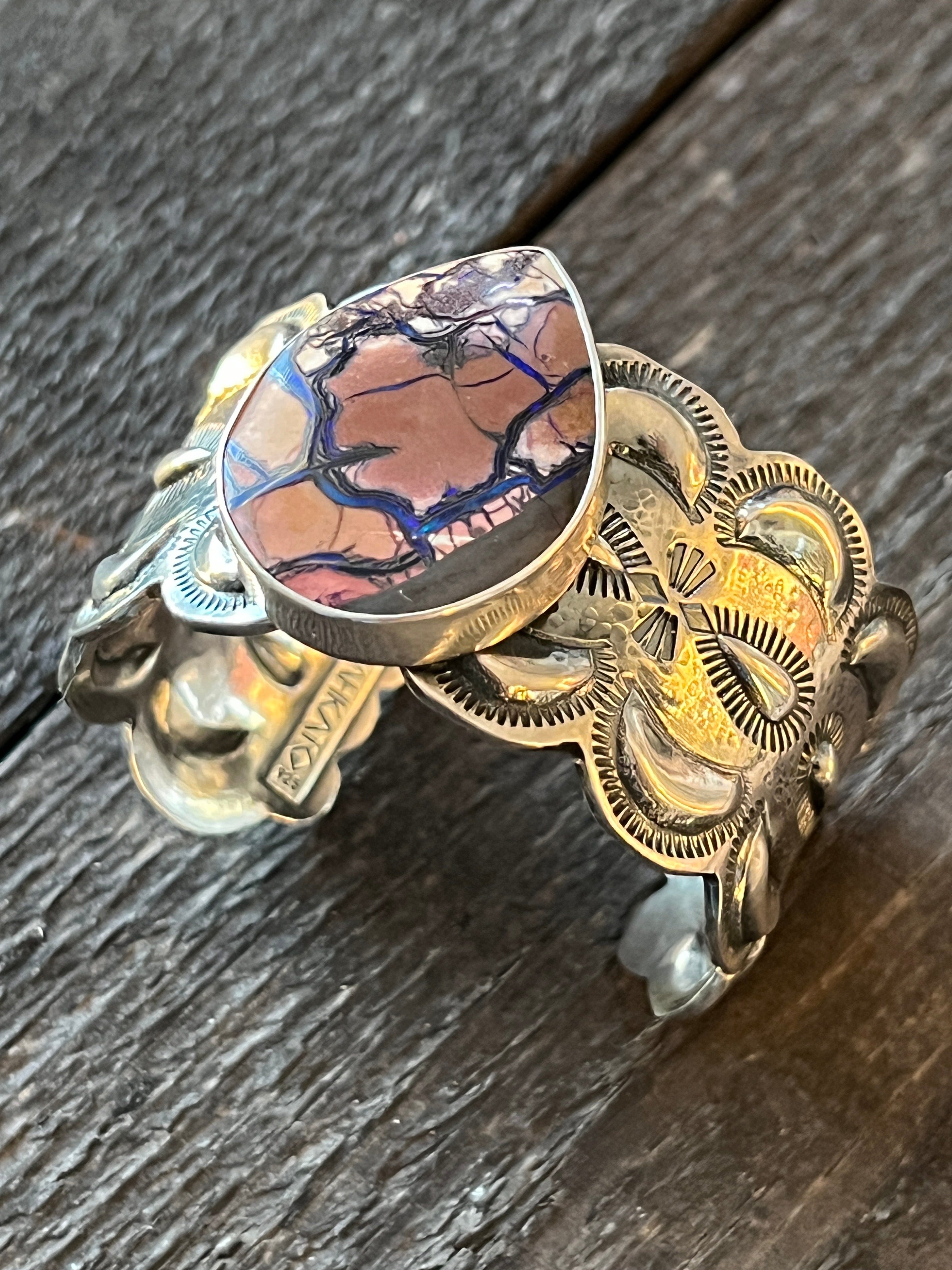 Hand Forged Artisan Sterling Silver & Boulder Opal Cuff Bracelet by Mahkato Silver