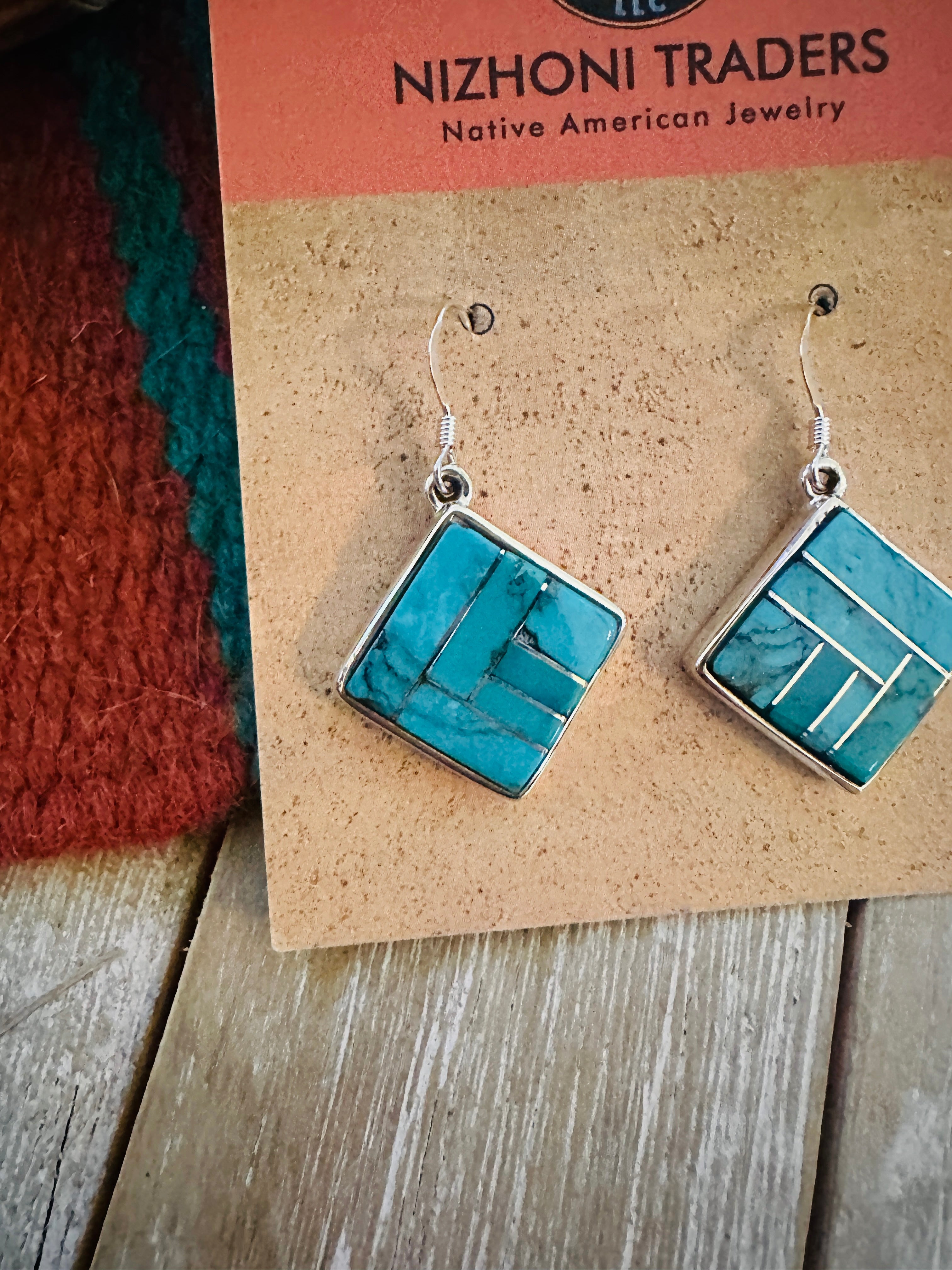 Handcrafted Turquoise & Sterling Silver Inlay Dangle Earrings
