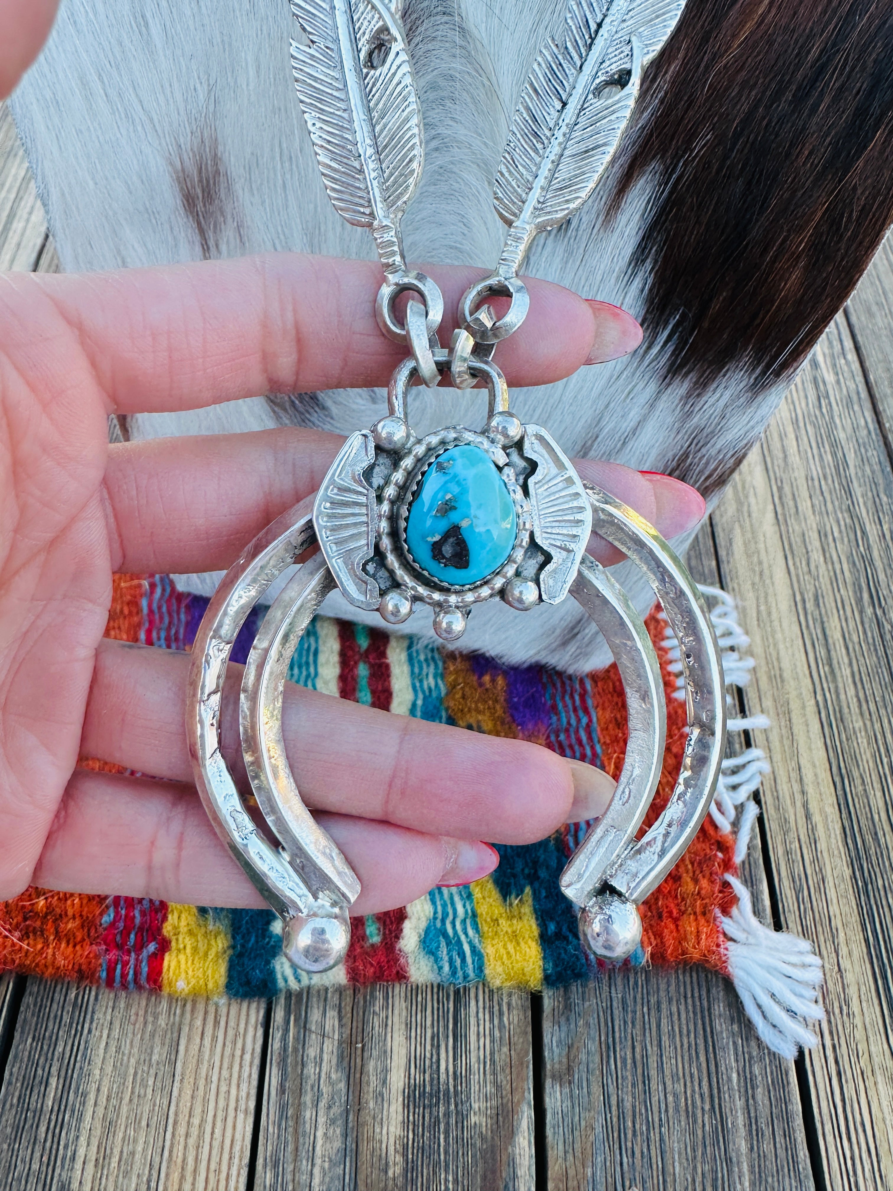 Old Pawn Handcrafted Turquoise & Sterling Silver Feather Naja Necklace
