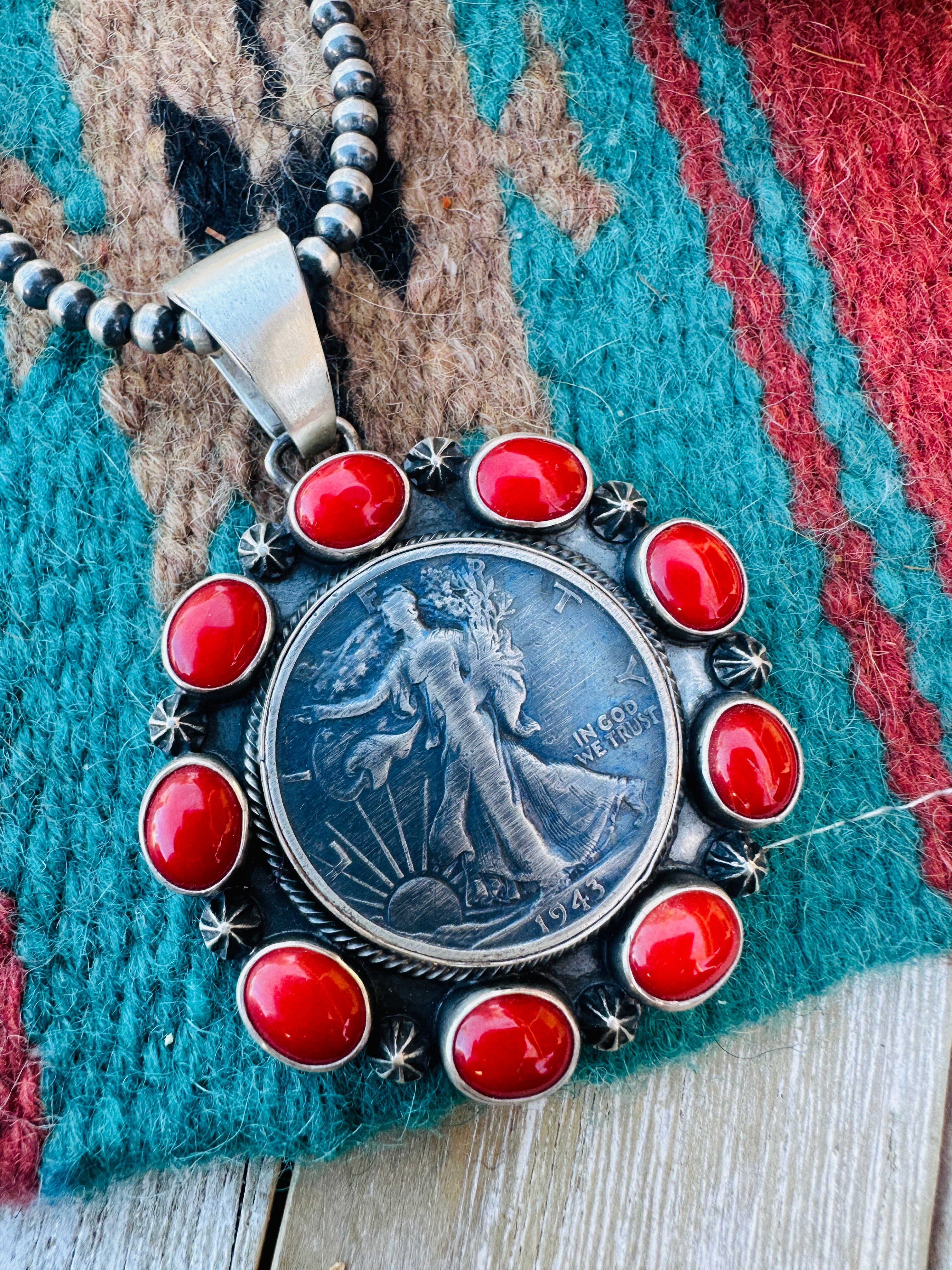 Handcrafted Sterling Silver and Coral Liberty Coin Pendant by Darrin Livingston