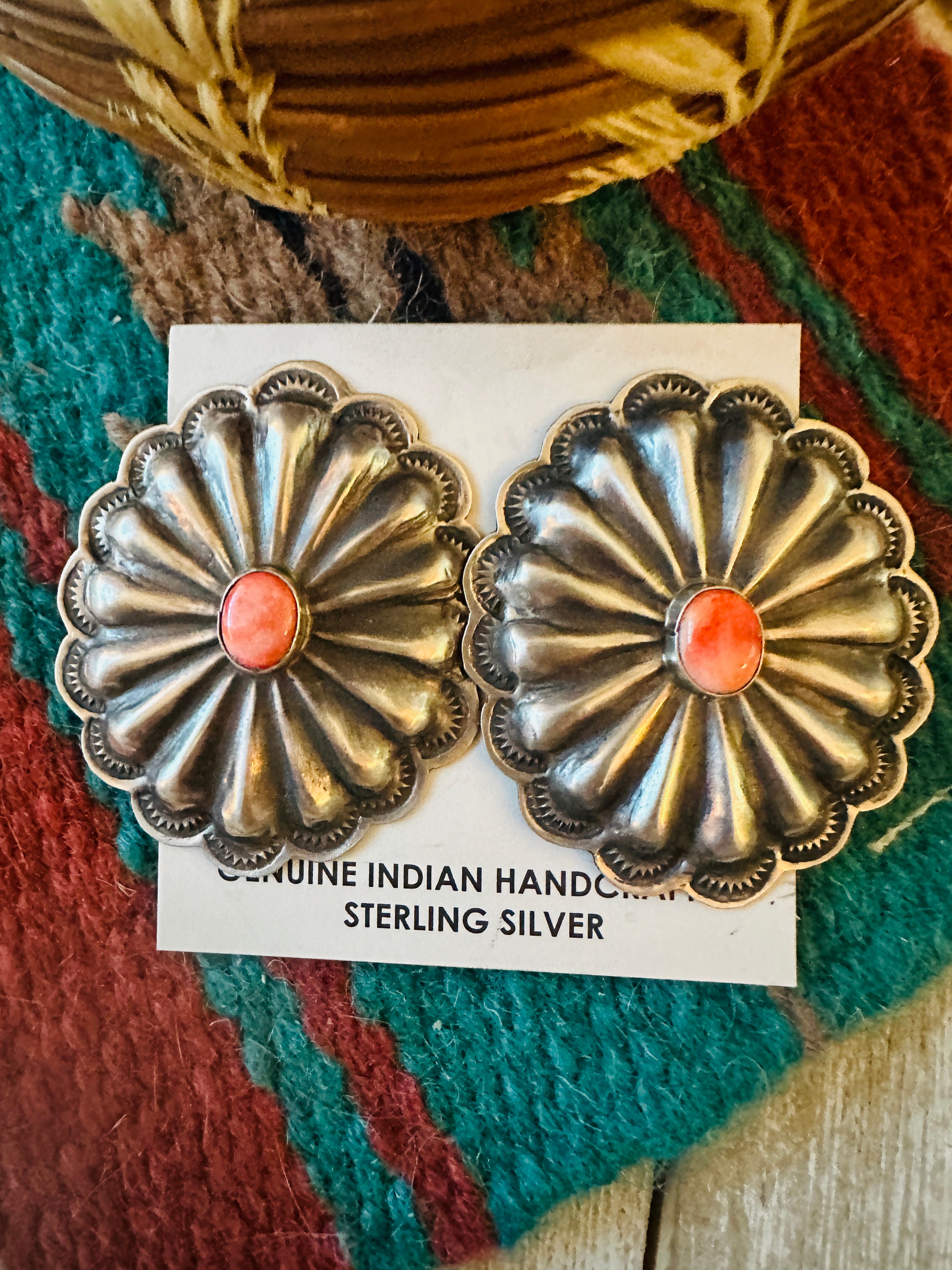 Handcrafted Orange Spiny & Sterling Silver Concho Post Earrings