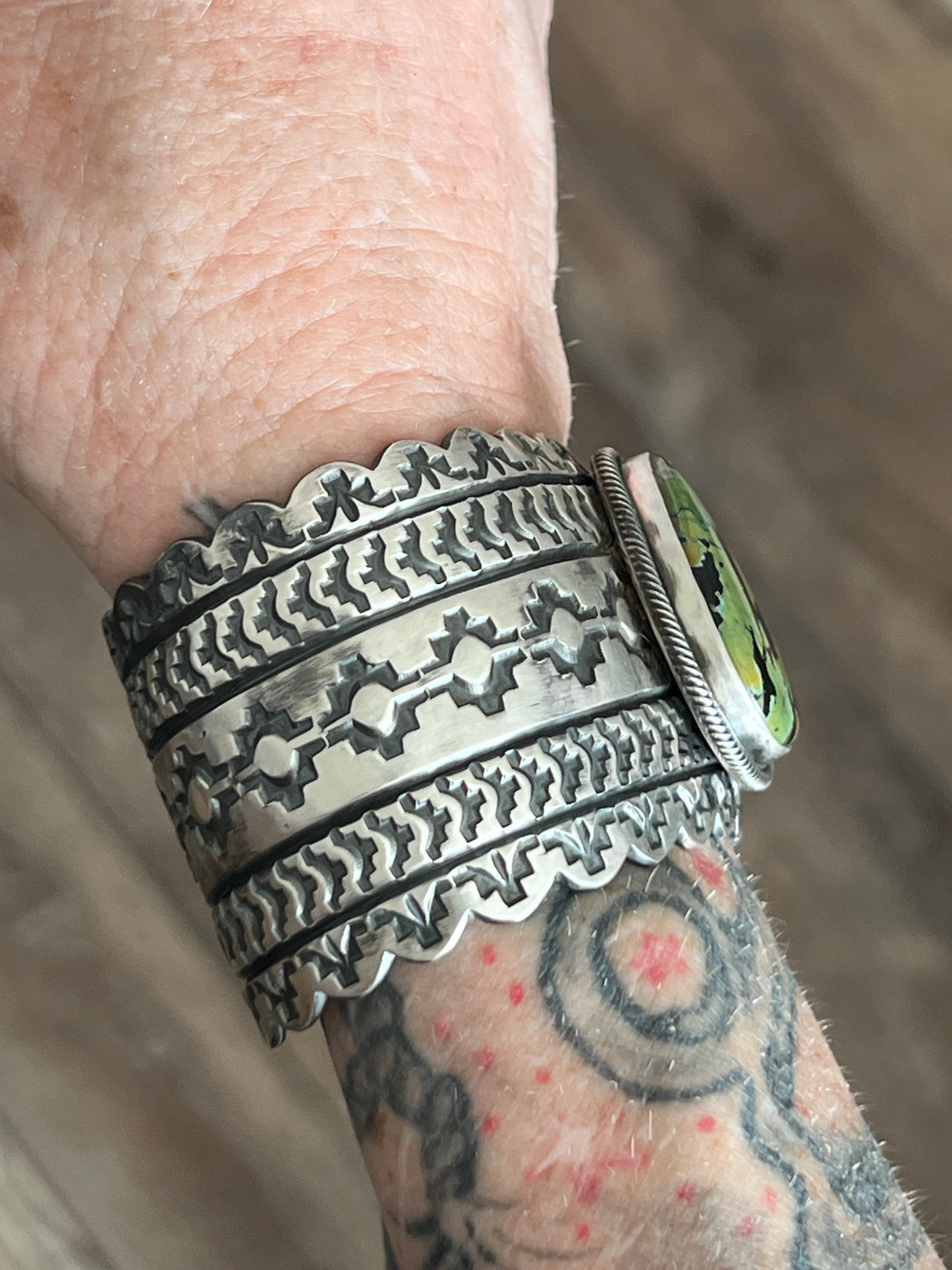 Navajo Hand Stamped Sterling Silver and Blackjack Turquoise Cuff Bracelet by Randy Boyd