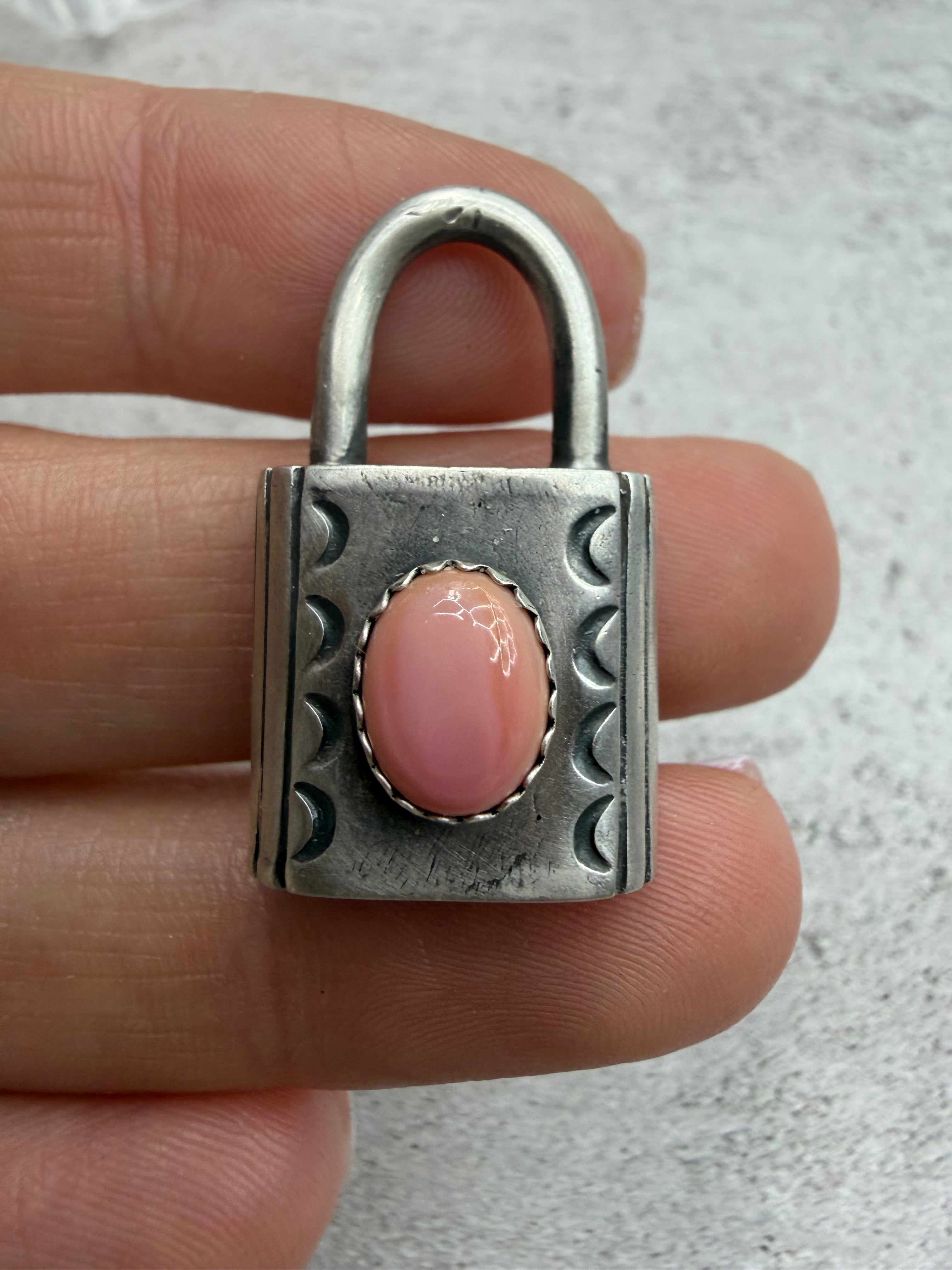 Sterling Silver Padlock Pendant with Pink Conch Stone