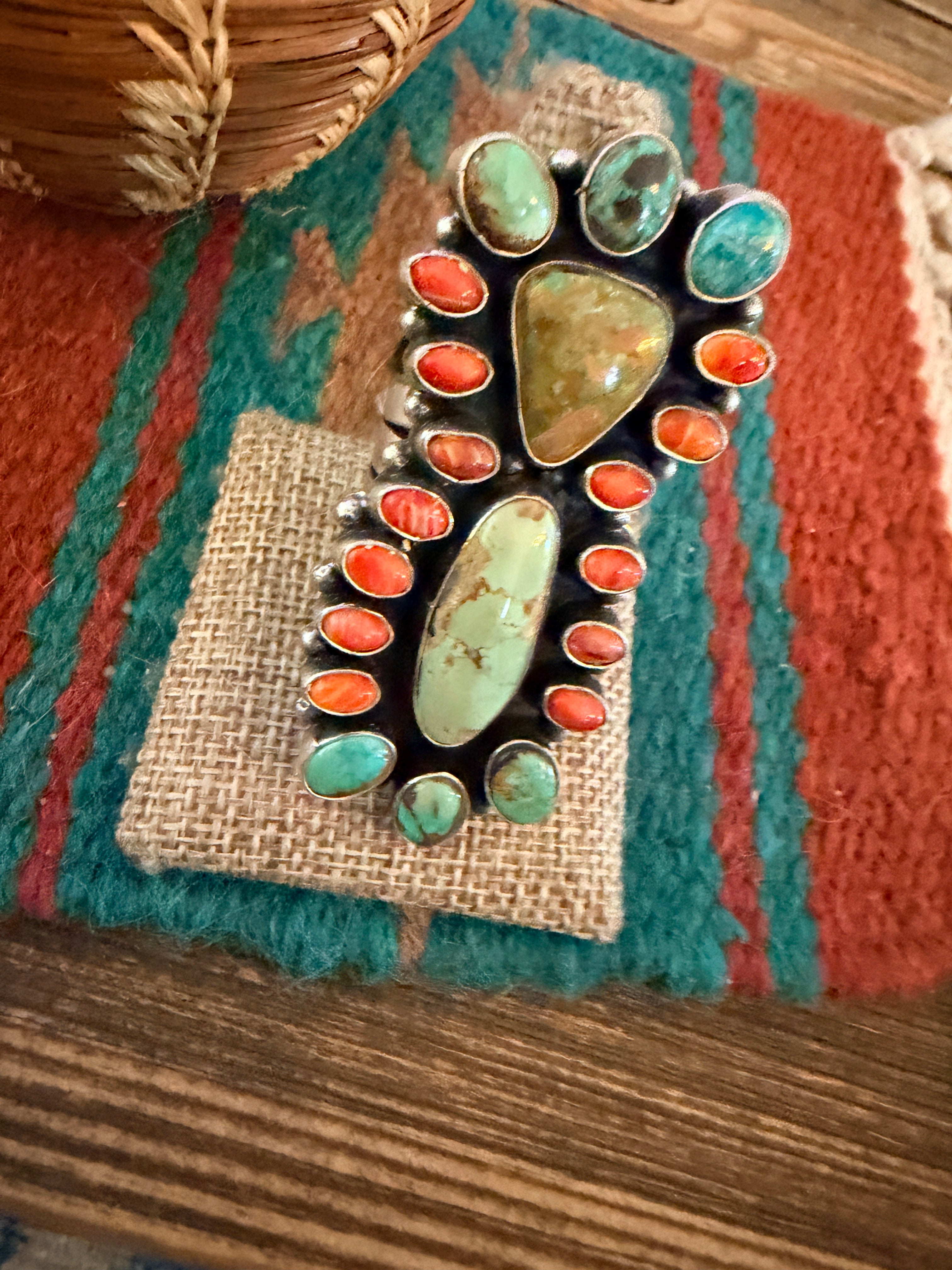 Handcrafted Spiny Oyster, Turquoise & Sterling Silver Cluster Ring by Sheila Becenti Size 10