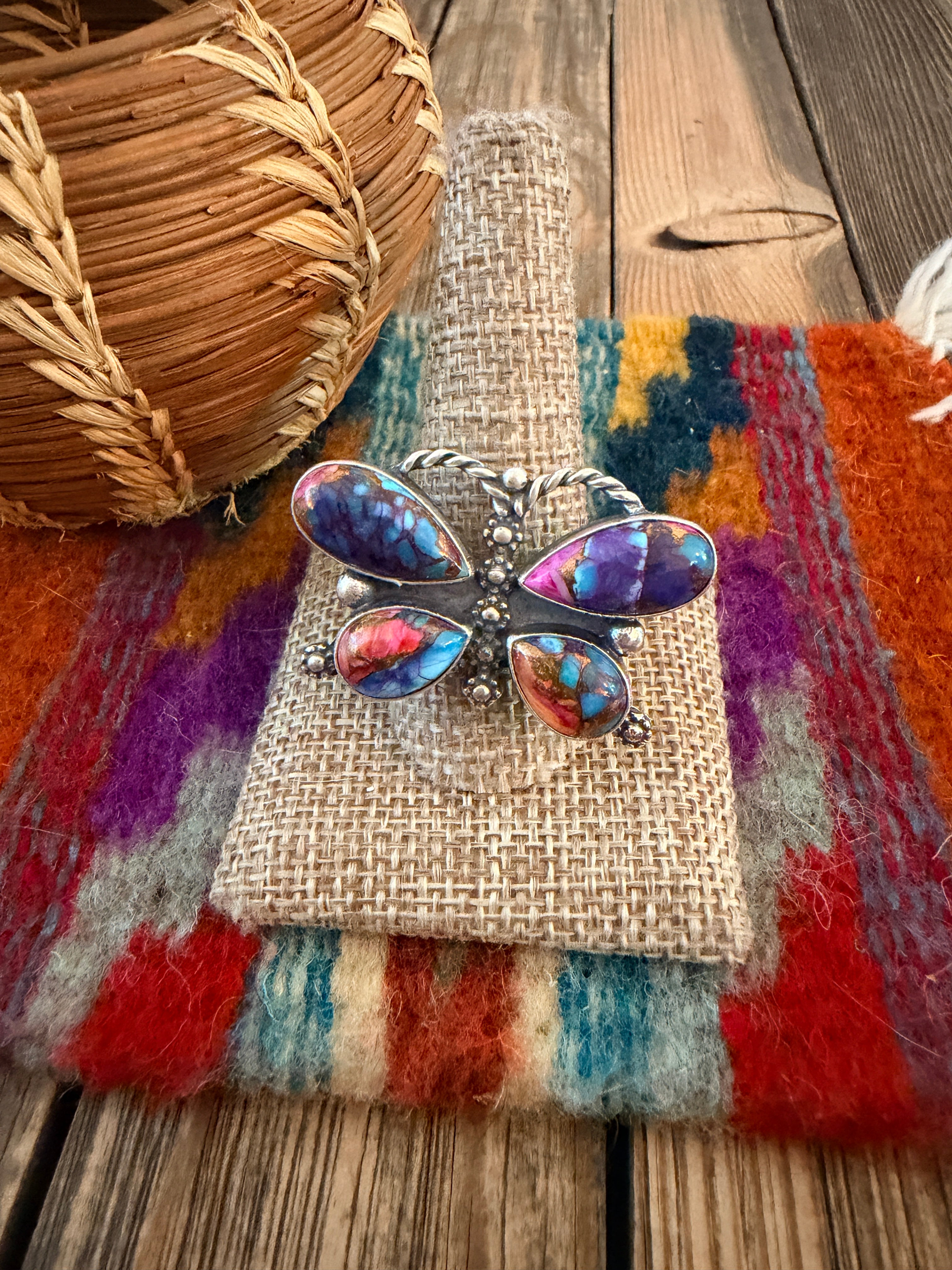 Handcrafted Pink Dream Mojave & Sterling Silver Adjustable Butterfly Ring