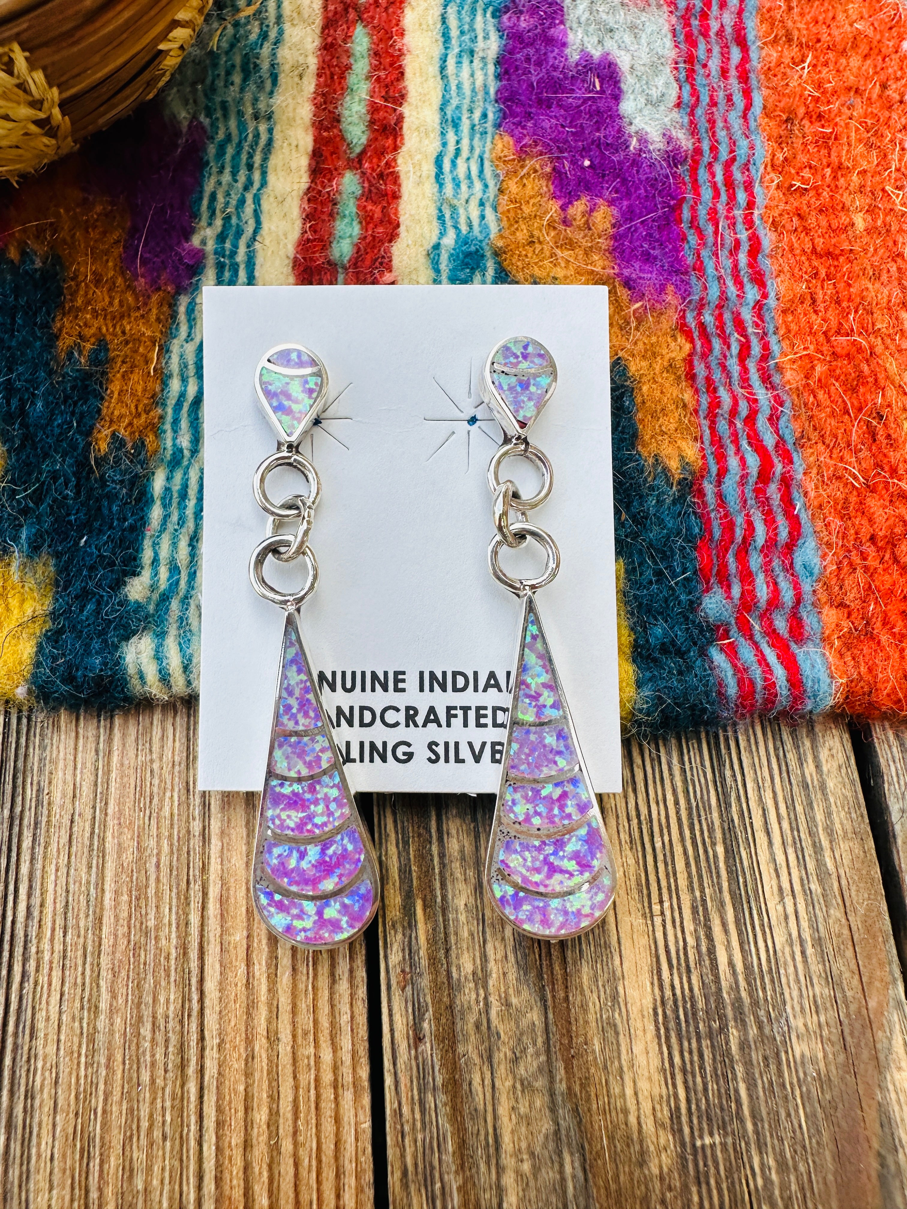 Handcrafted Opal & Sterling Silver Inlay Teardrop Dangle Earrings