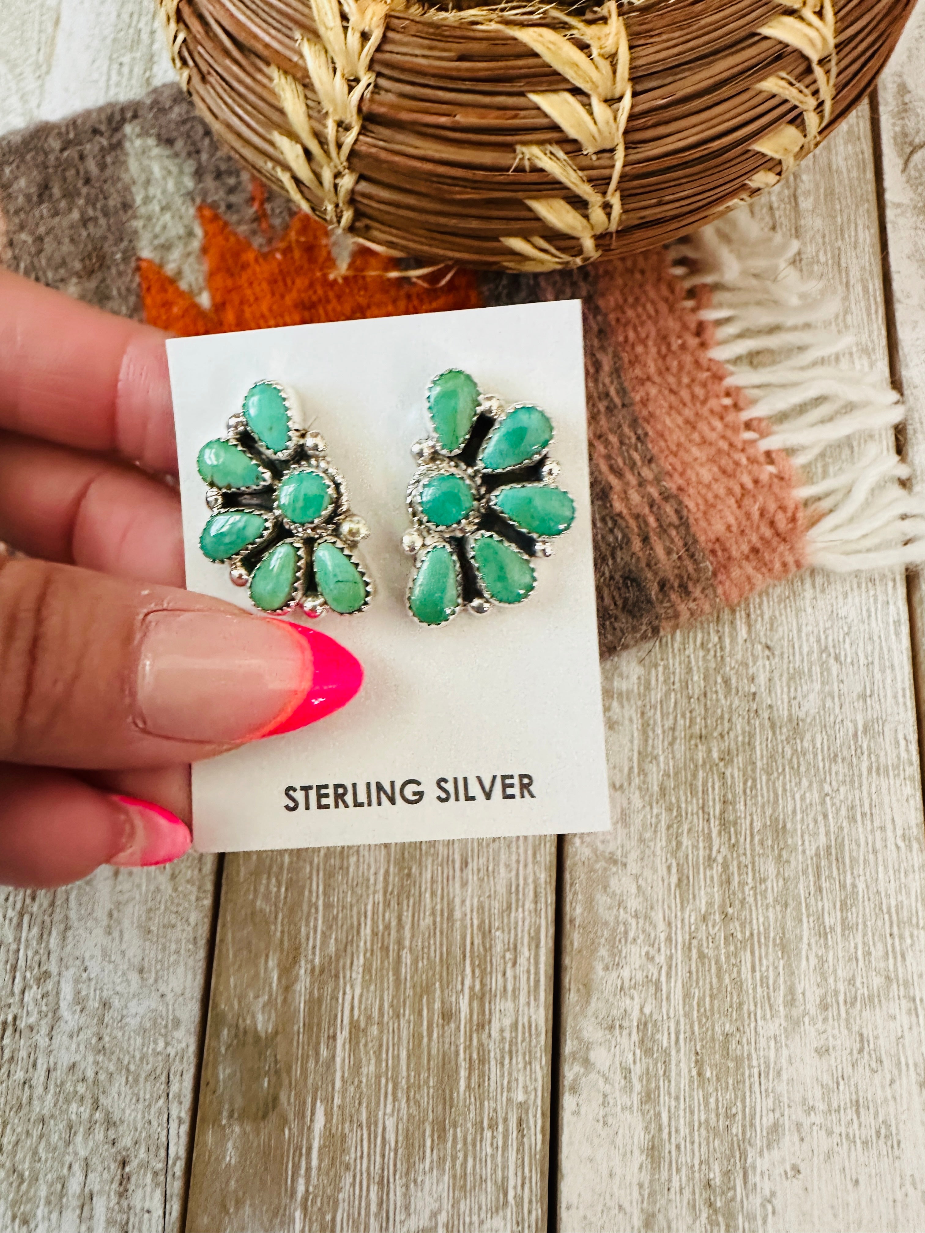 Handcrafted Sterling Silver & Green Turquoise Cluster Post Earrings