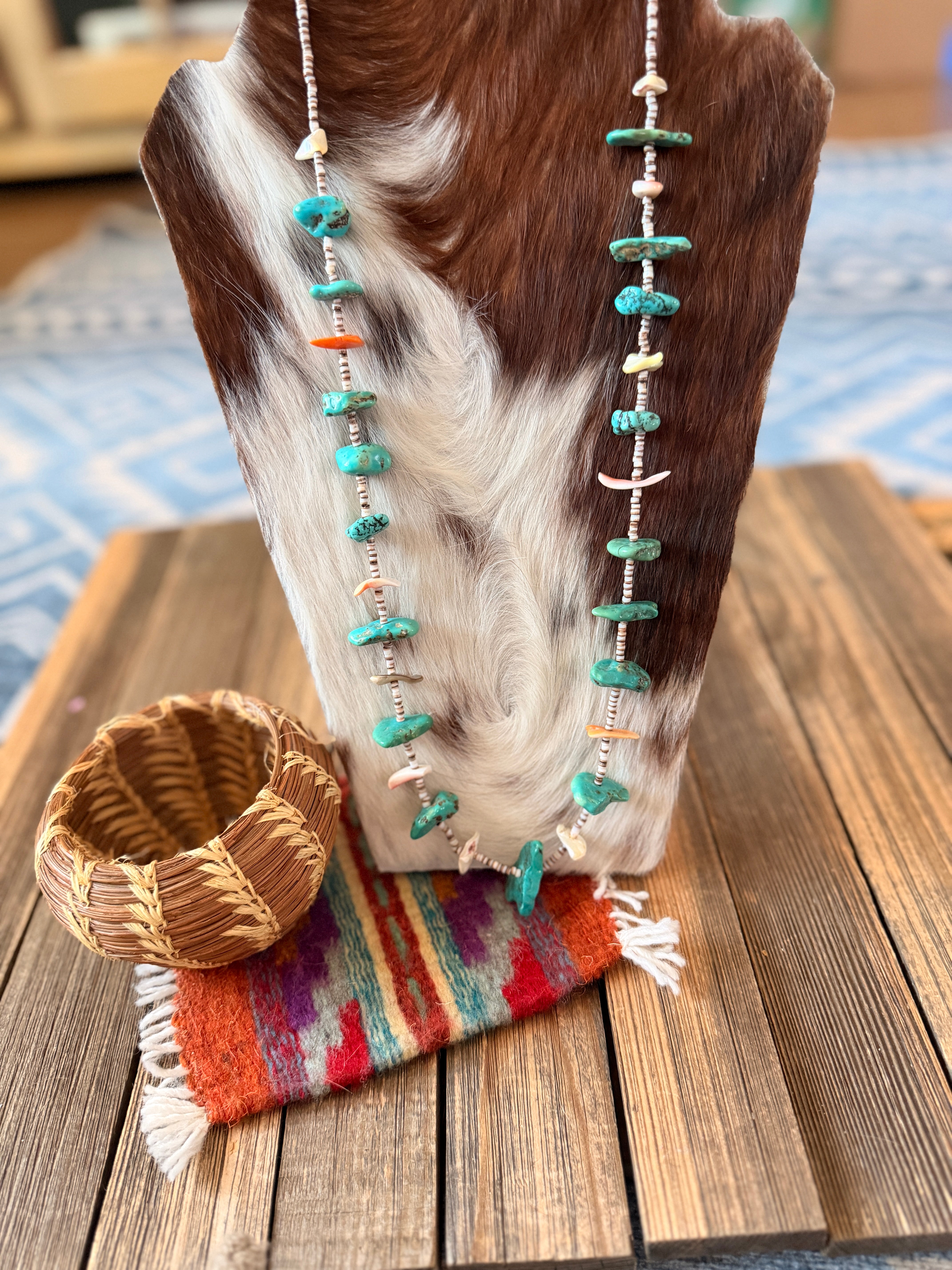 Old Pawn Handcrafted Turquoise, Spiny Oyster & Heishi Beaded 30” Necklace