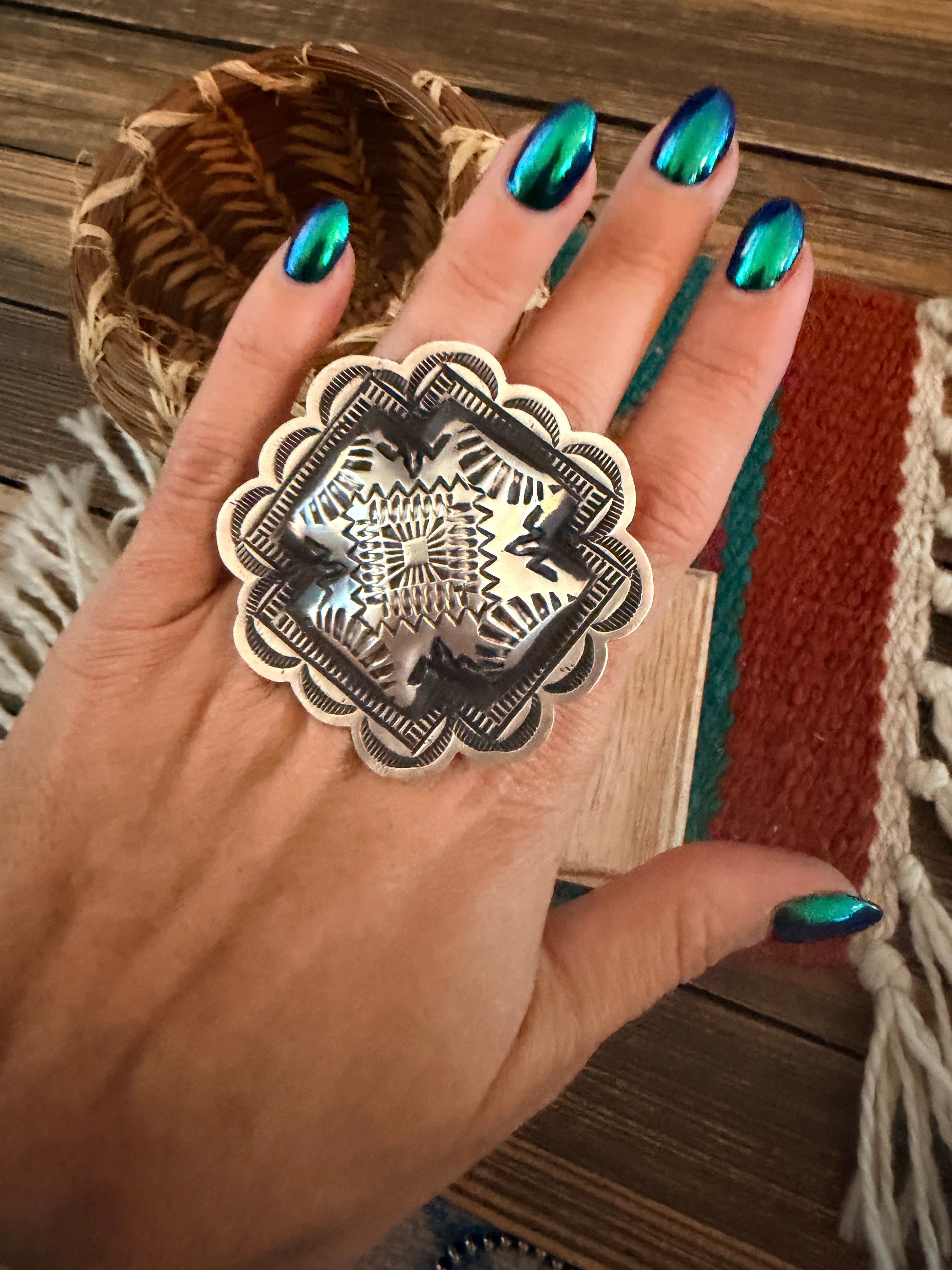Handcrafted Sterling Silver Adjustable Cross Concho Ring by Leander Tahe