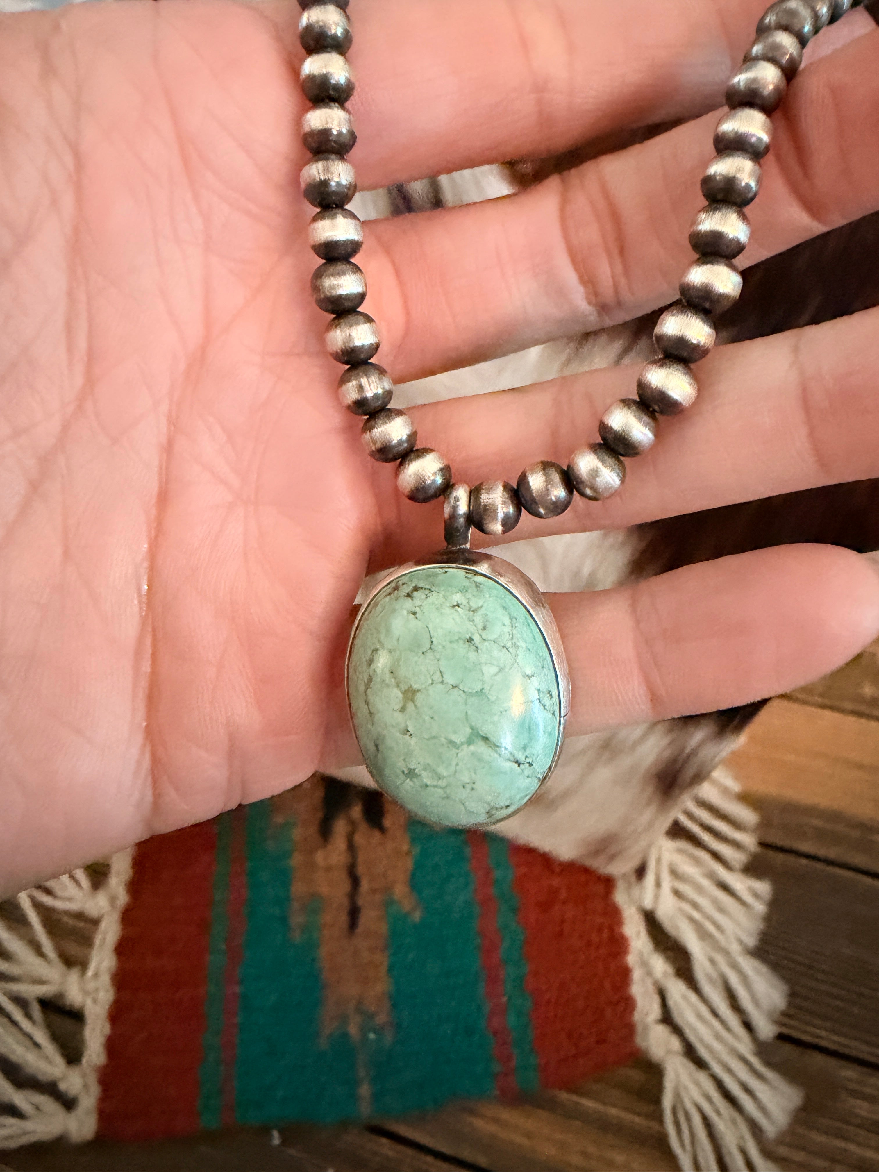 Handcrafted Turquoise & 5mm Sterling Silver Pearl 18” Beaded Necklace