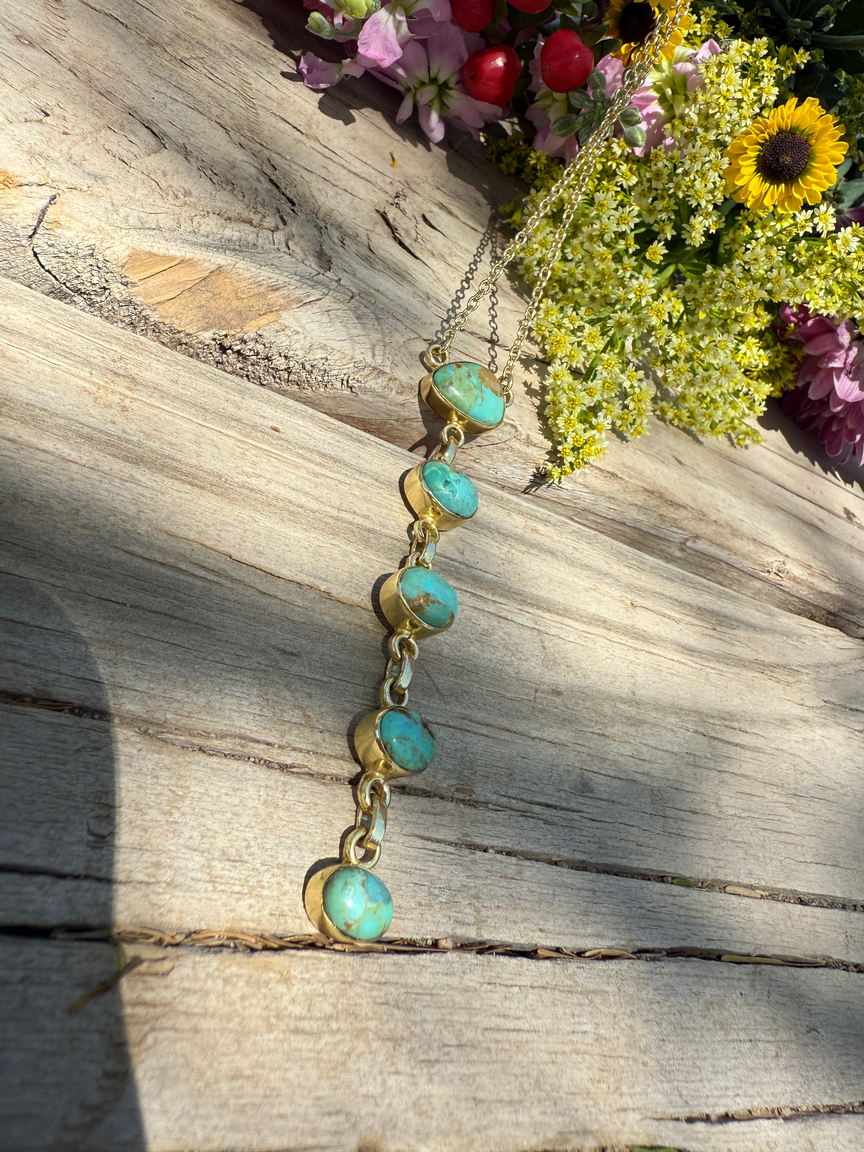 “The Golden Collection” Natural Turquoise 5 Stone Drop Handmade Gold Plated Necklace style 2