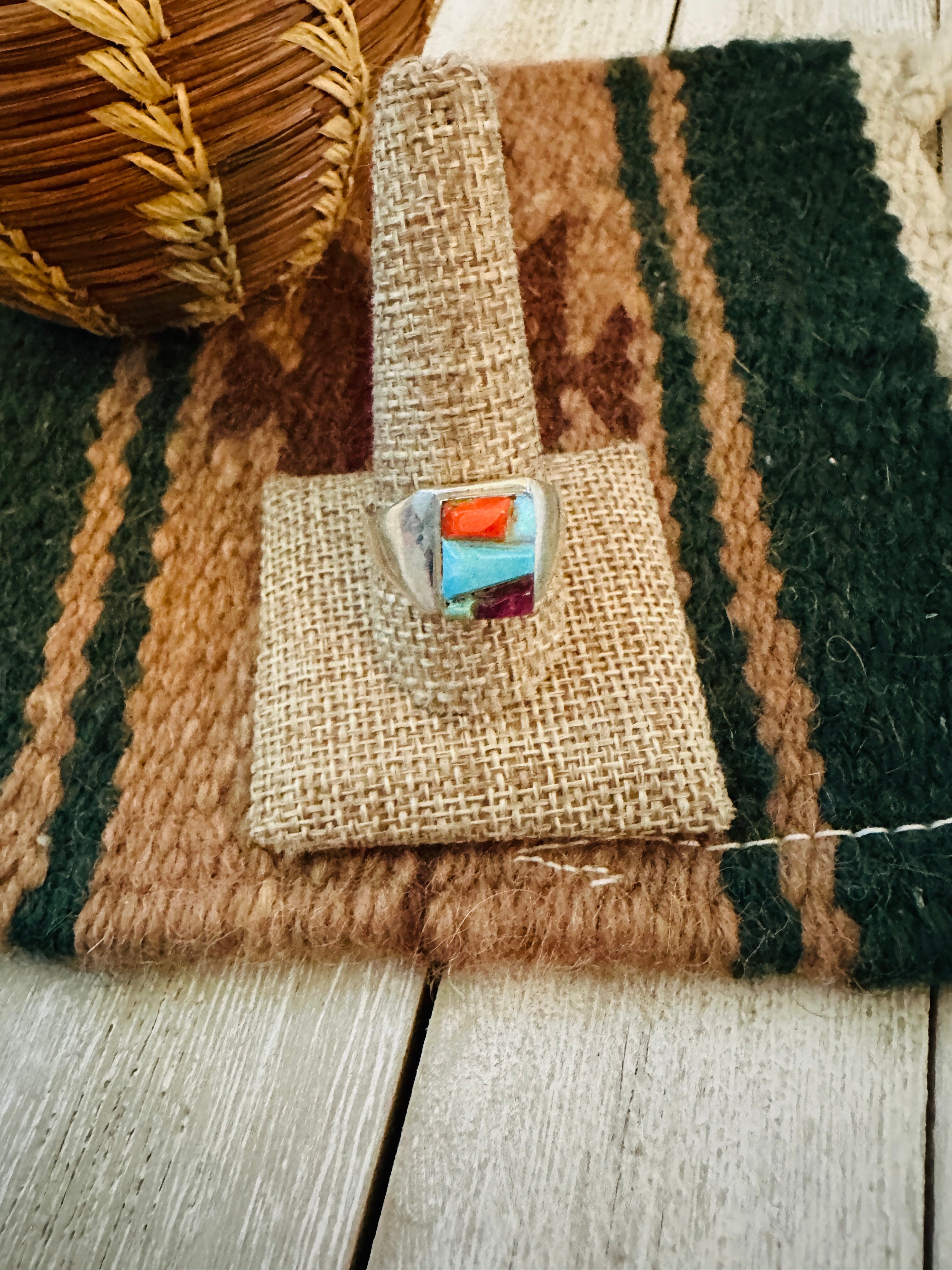 Old Pawn Handcrafted Multi Stone & Sterling Silver Inlay Ring Size 11