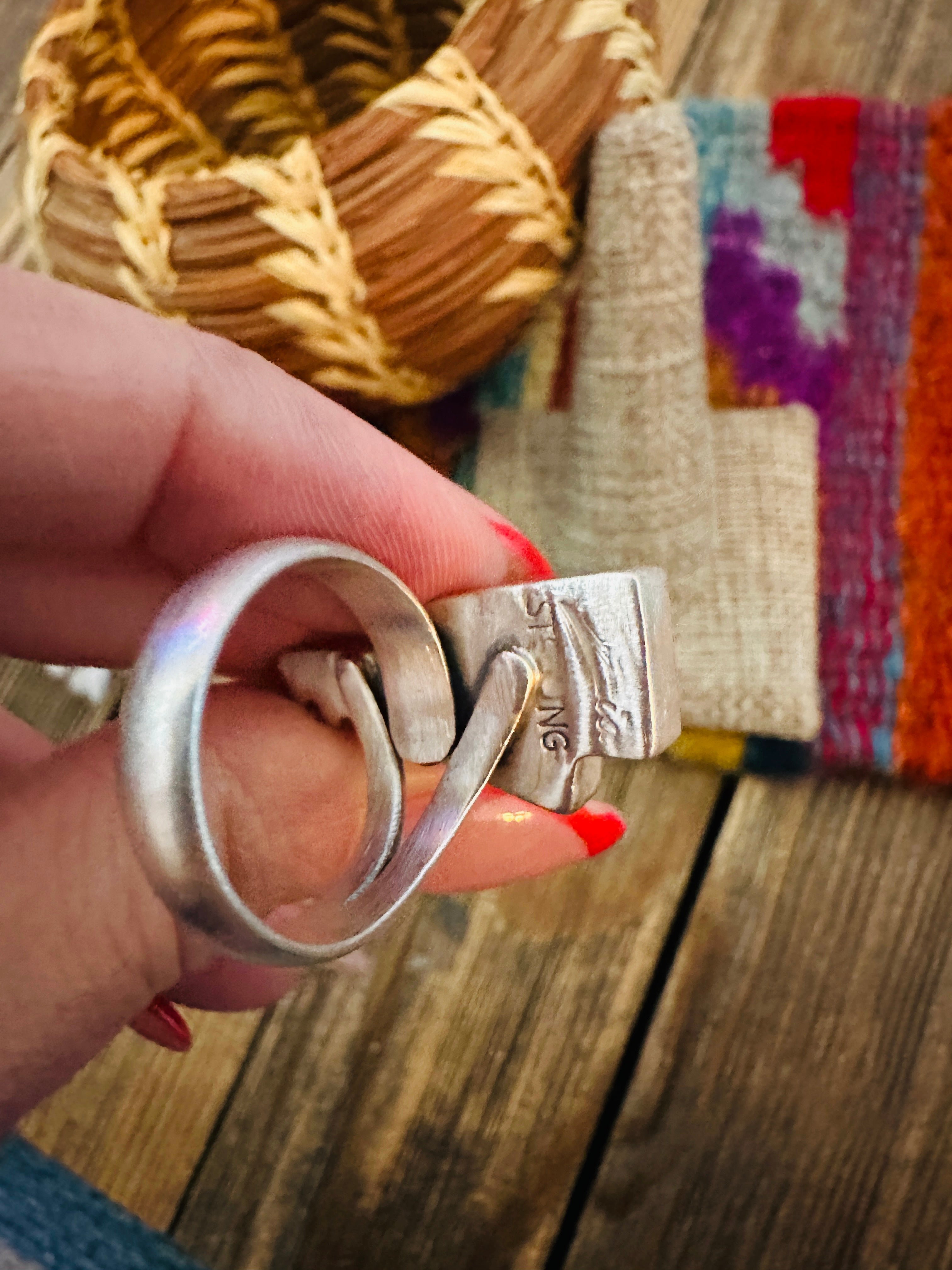 Handcrafted Turquoise & Sterling Silver Lightning Bolt Adjustable Ring