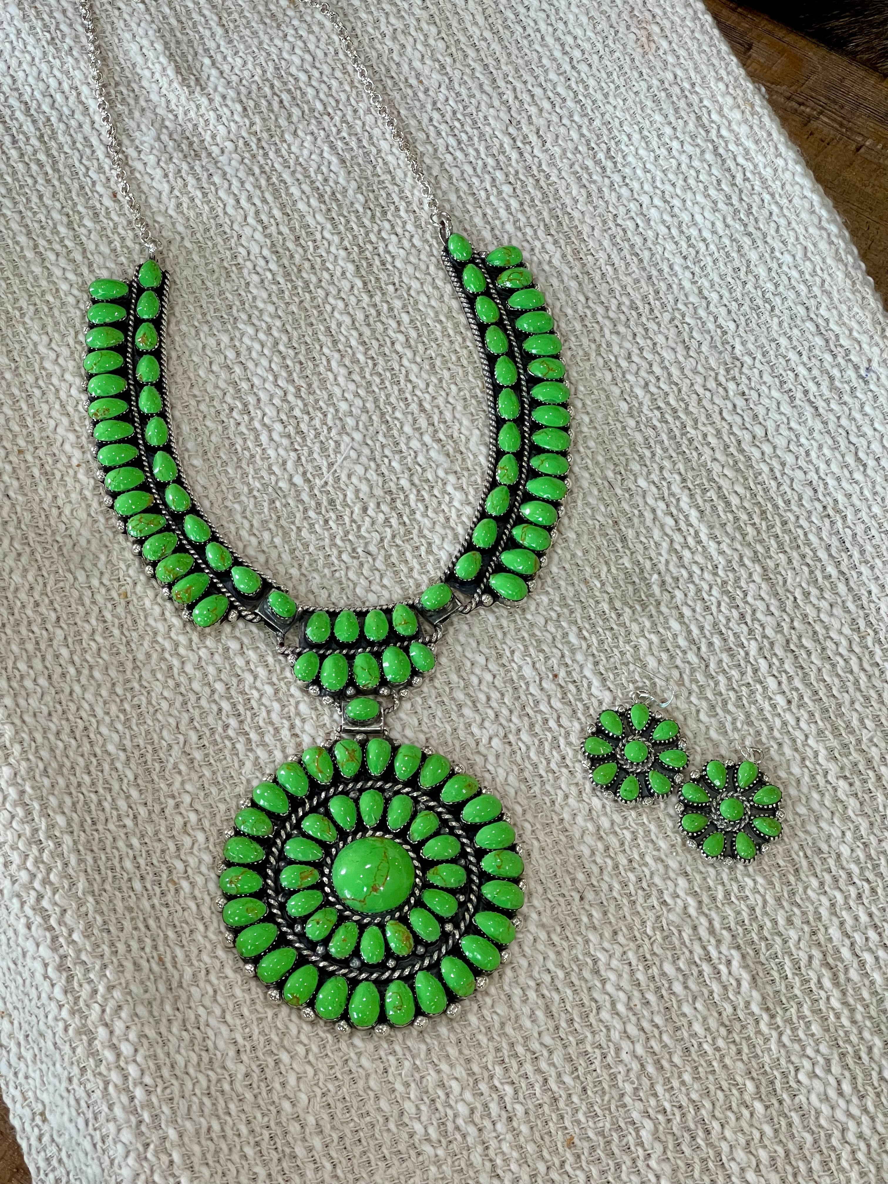 Beautiful Handmade Sterling Silver & Dyed Kingman Turquoise Cluster Necklace And Earring Set