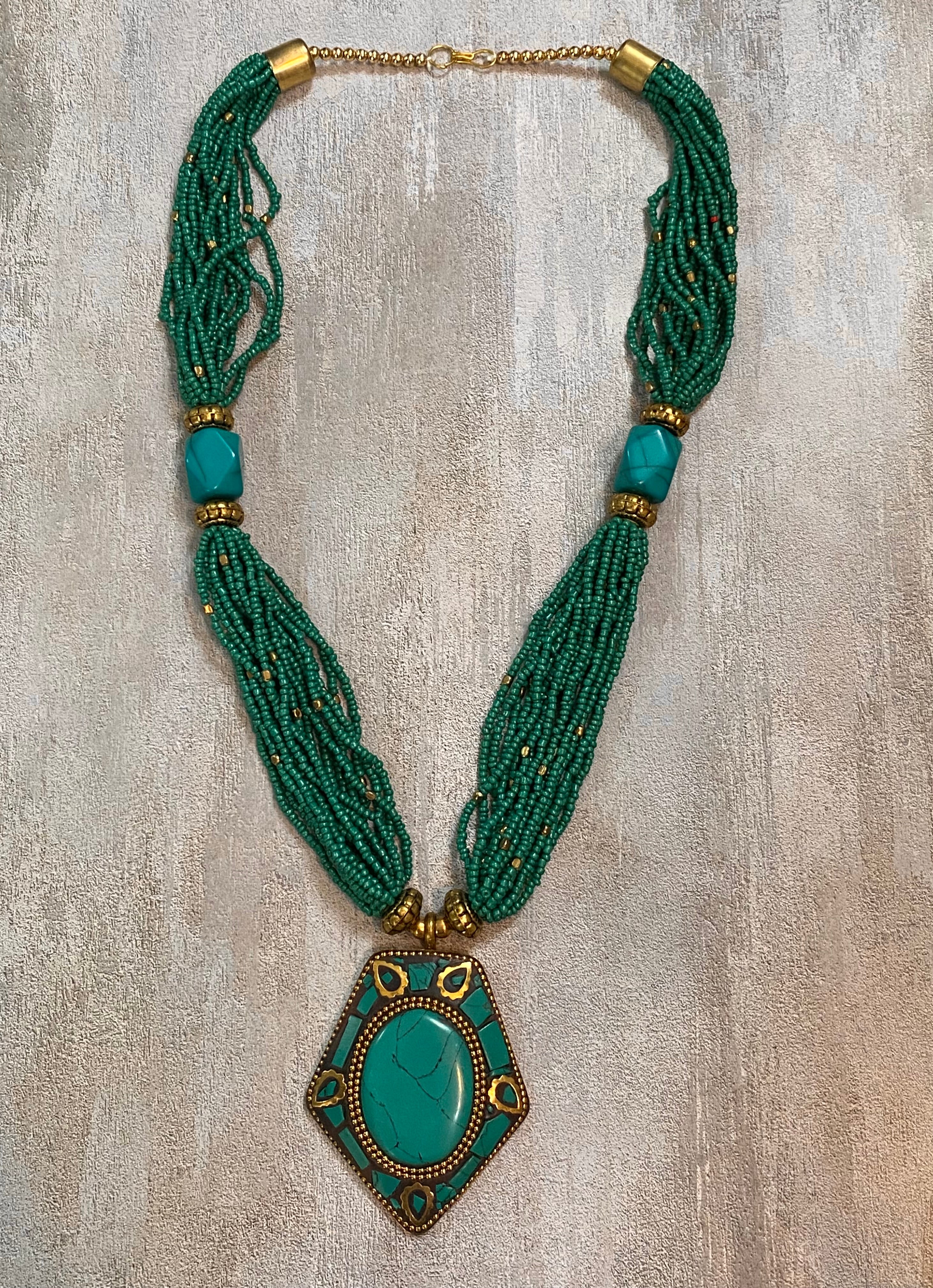 Gold Tone Bohemian Turquoise Colored Beaded Statement Necklace