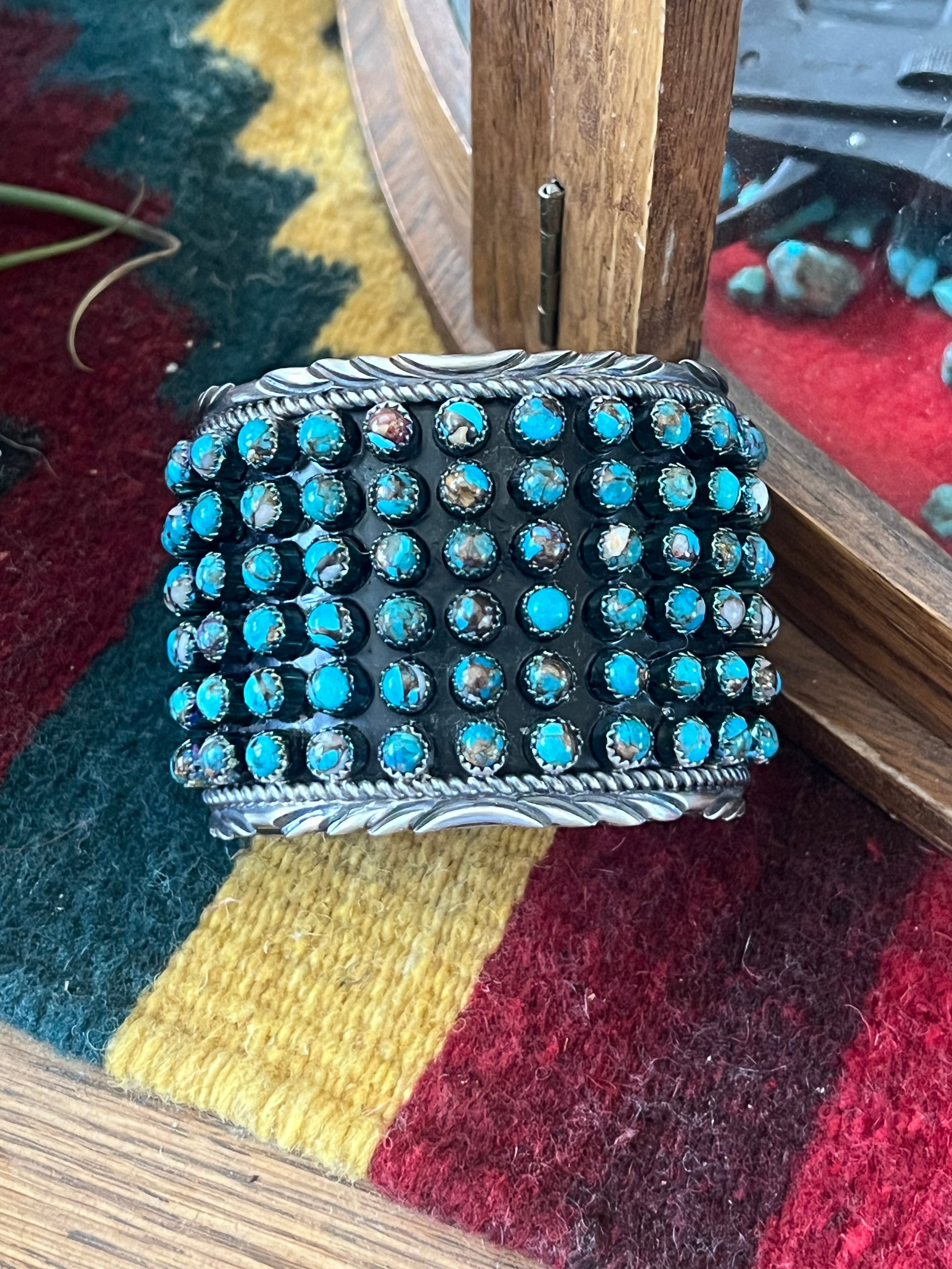 Handcrafted Sterling Silver and Blue Mohave Snake Eye Style Six Row Cuff Bracelet, Signed BJ