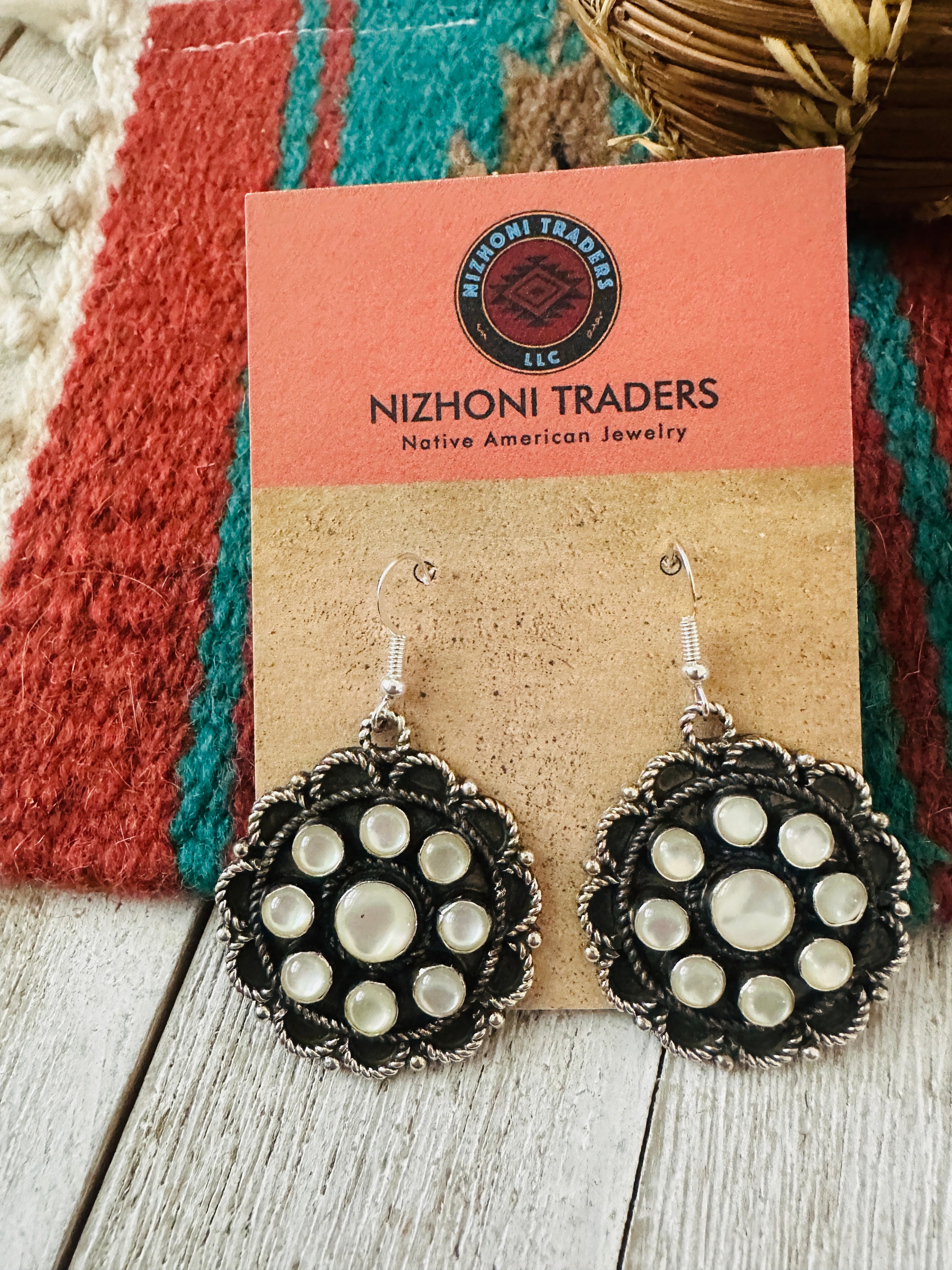 Navajo Mother of Pearl & Sterling Silver Cluster Dangle Earrings