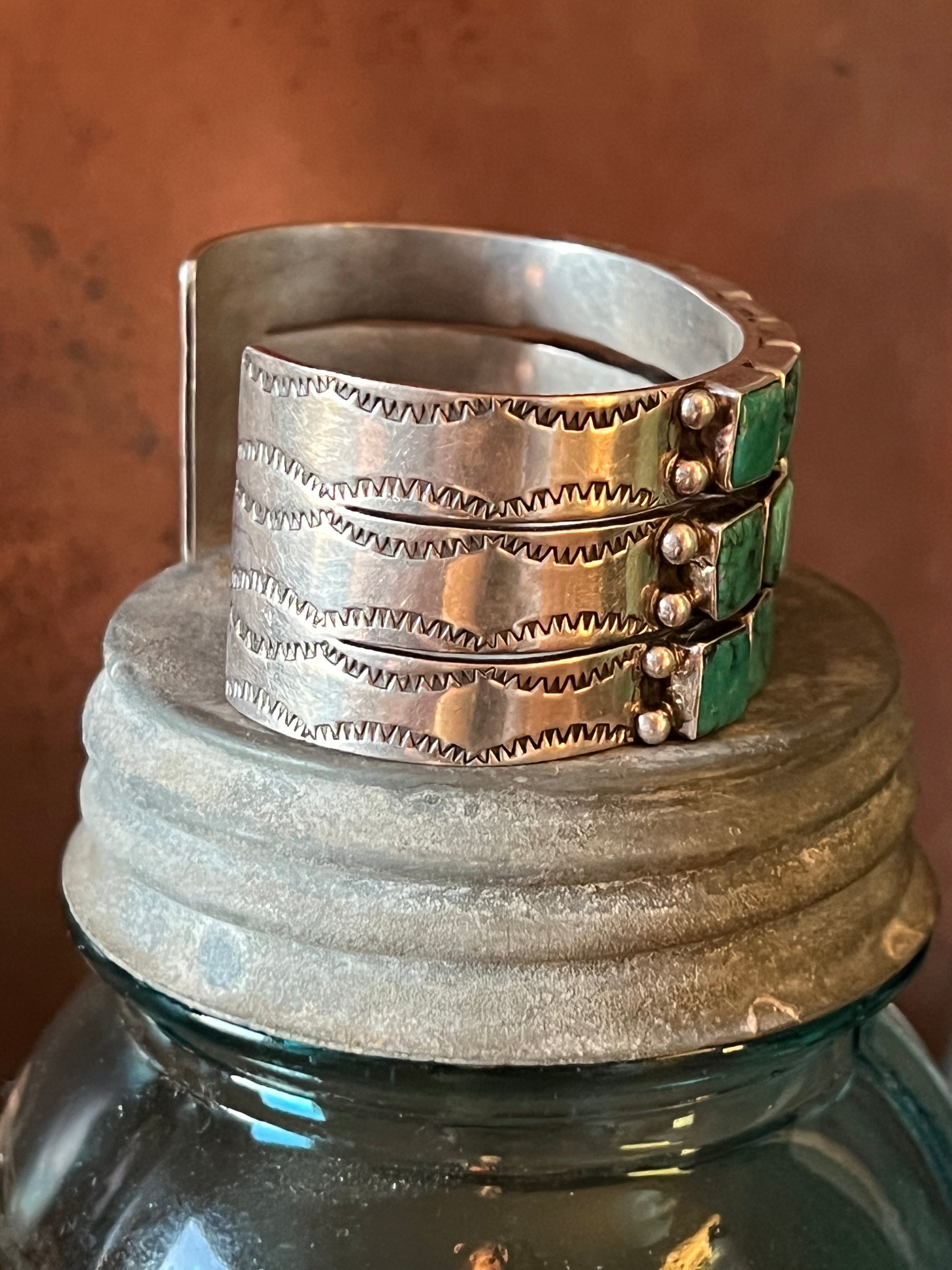Handcrafted Vintage Sterling Silver and Turquoise Triple Row Square Stone Cuff /