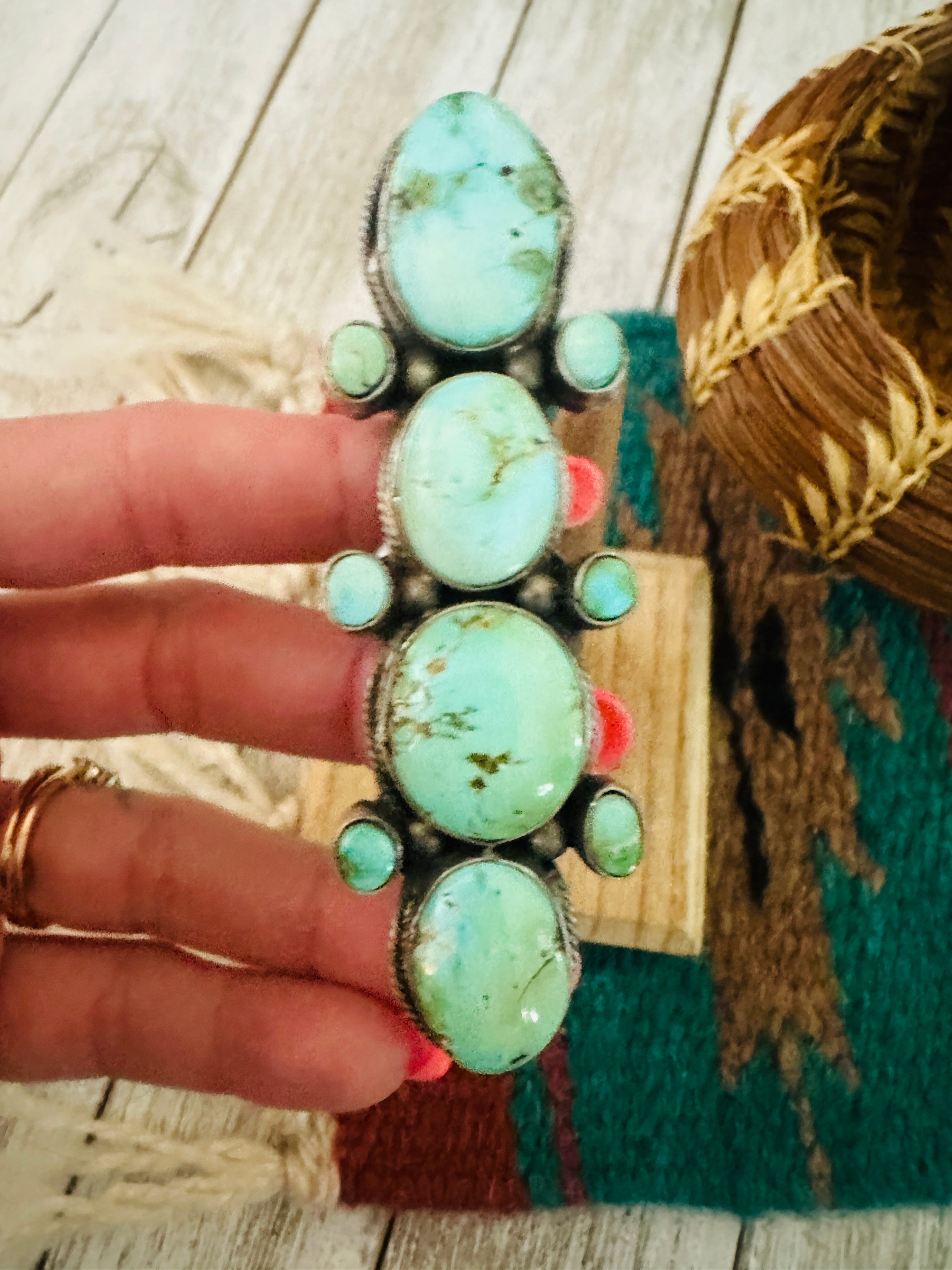 Navajo Turquoise & Sterling Silver Cluster Ring by Bobby Johnson, Size 9