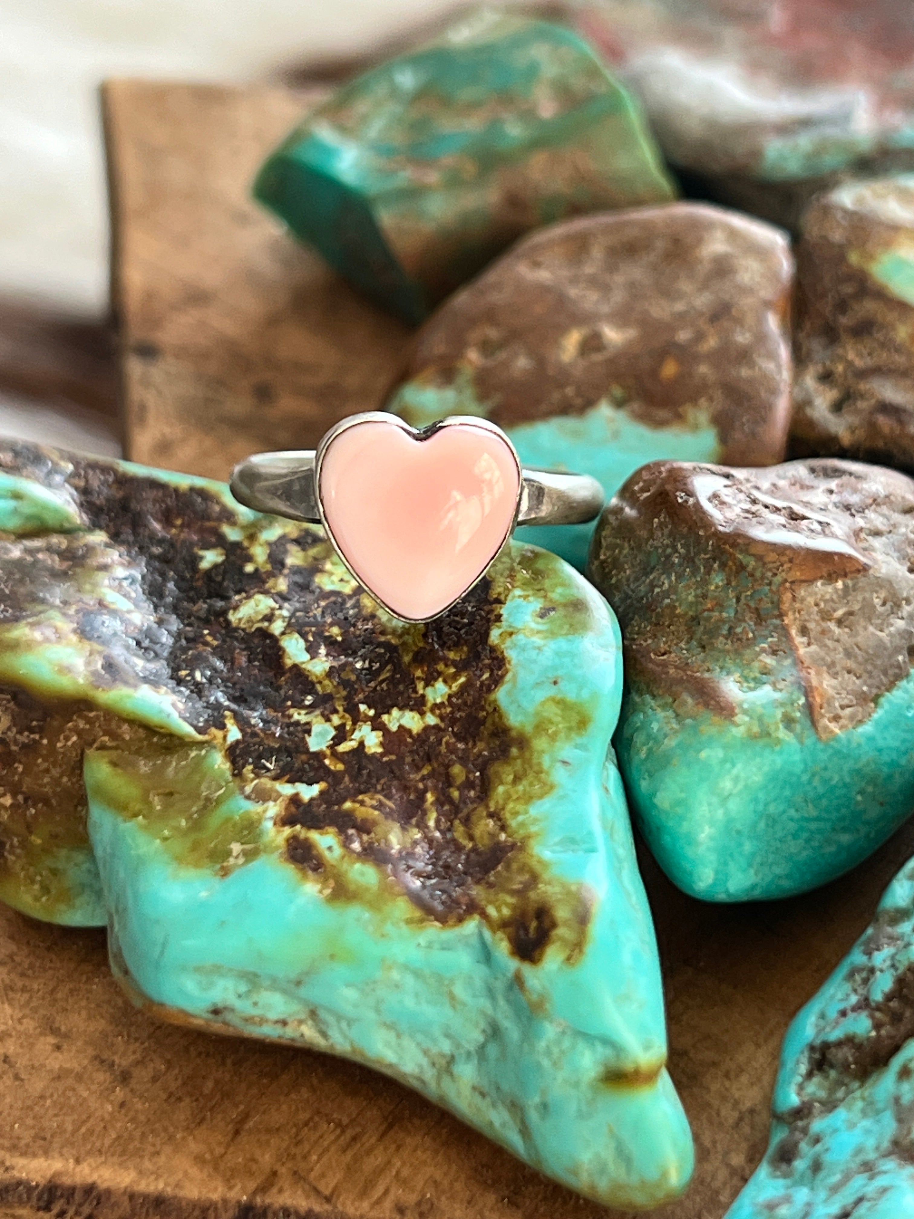 Handcrafted Made Sterling Silver and Heart Shaped Pink Conch Stacker Ring, Single Shank