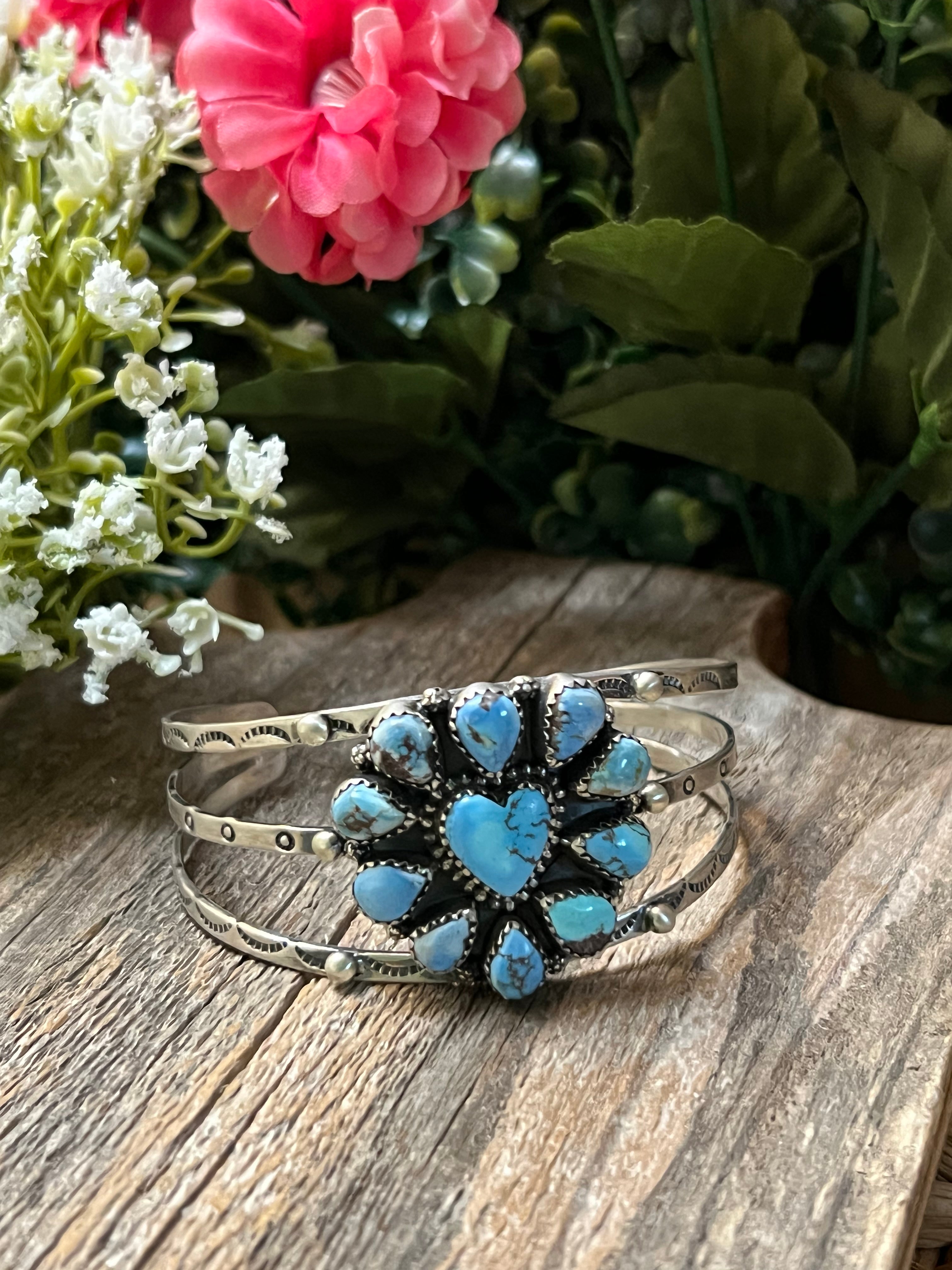 Handmade Golden Hills Turquoise Heart Cluster Sterling Silver Cuff Bracelet (03)