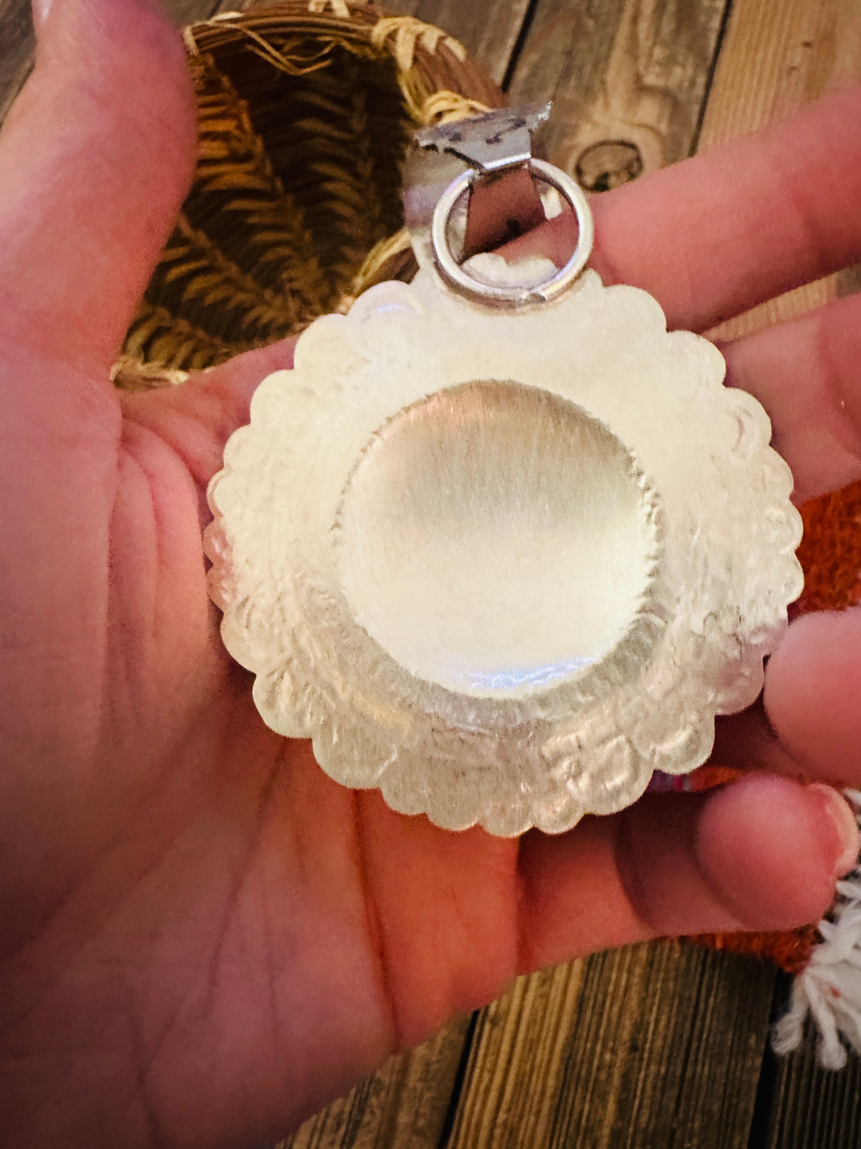 Handcrafted Sterling Silver Concho Pendant by Leander Tahe