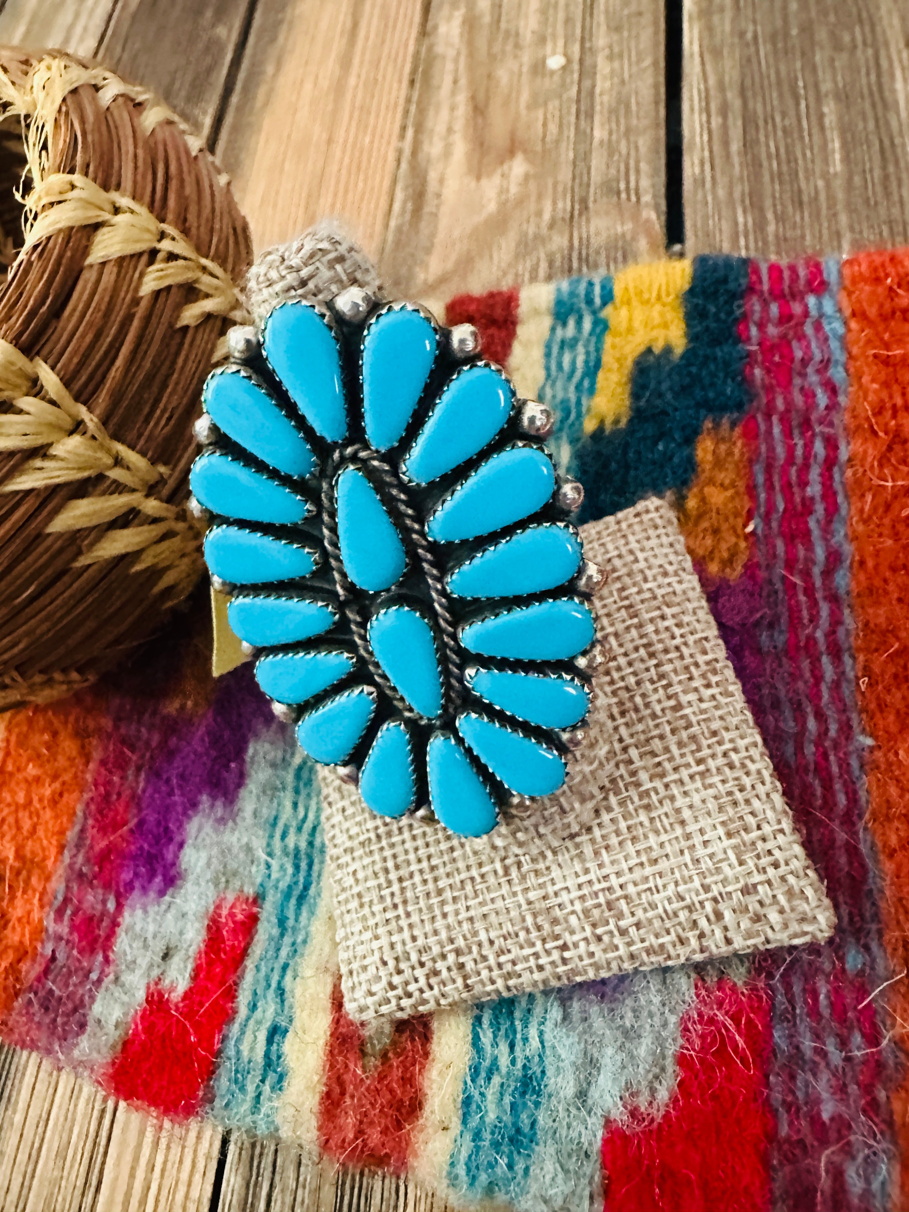 Old Pawn Handcrafted Turquoise & Sterling Silver Cluster Ring Size 10