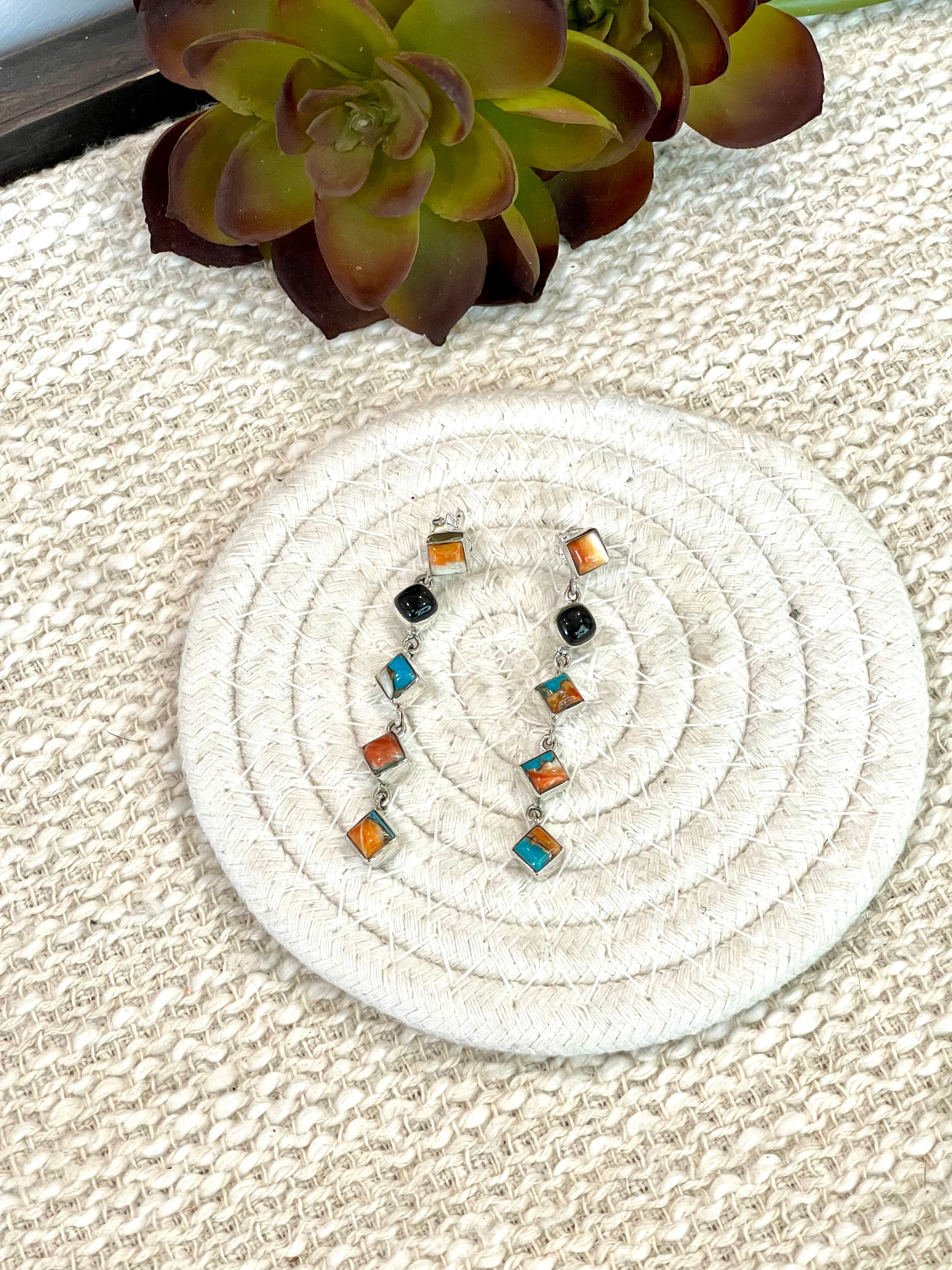 Handmade Onyx, Spice and Sterling Silver Post Dangle Earrings Signed Nizhoni