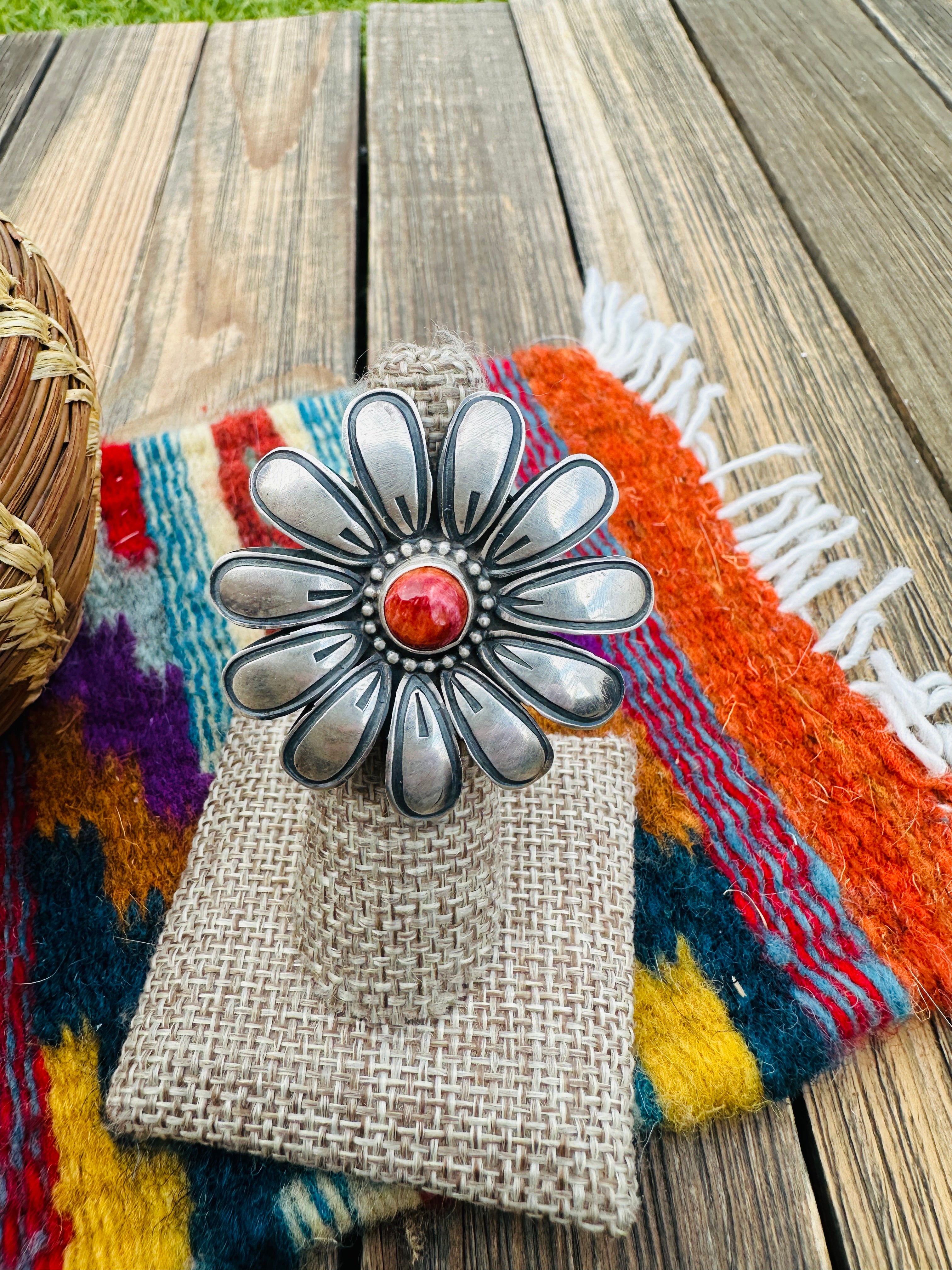 Handcrafted Spiny Oyster & Sterling Silver Flower Ring Size 6 by Paul Livingston