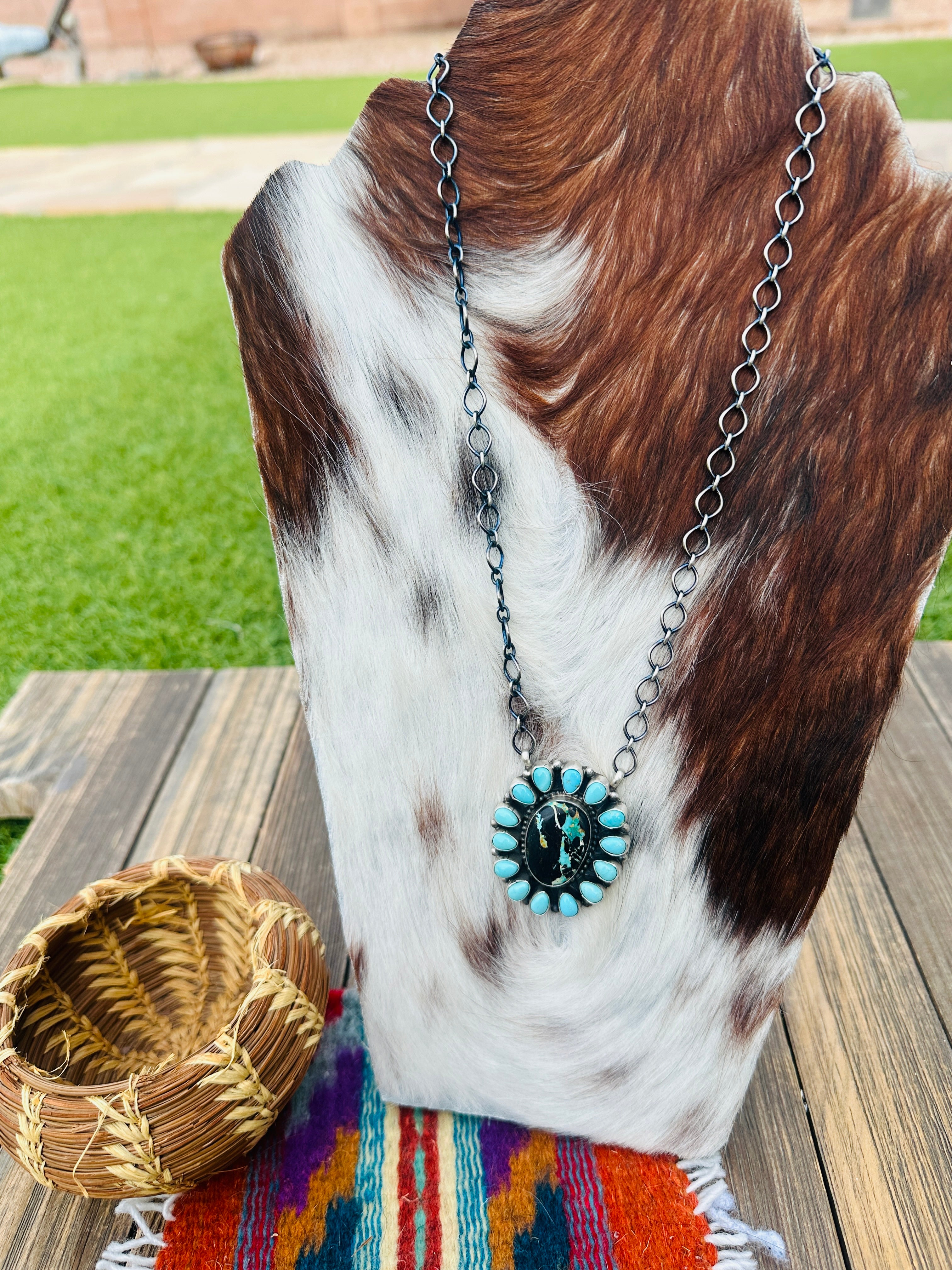 Handcrafted Turquoise & Sterling Silver Cluster Necklace by Travis Jim