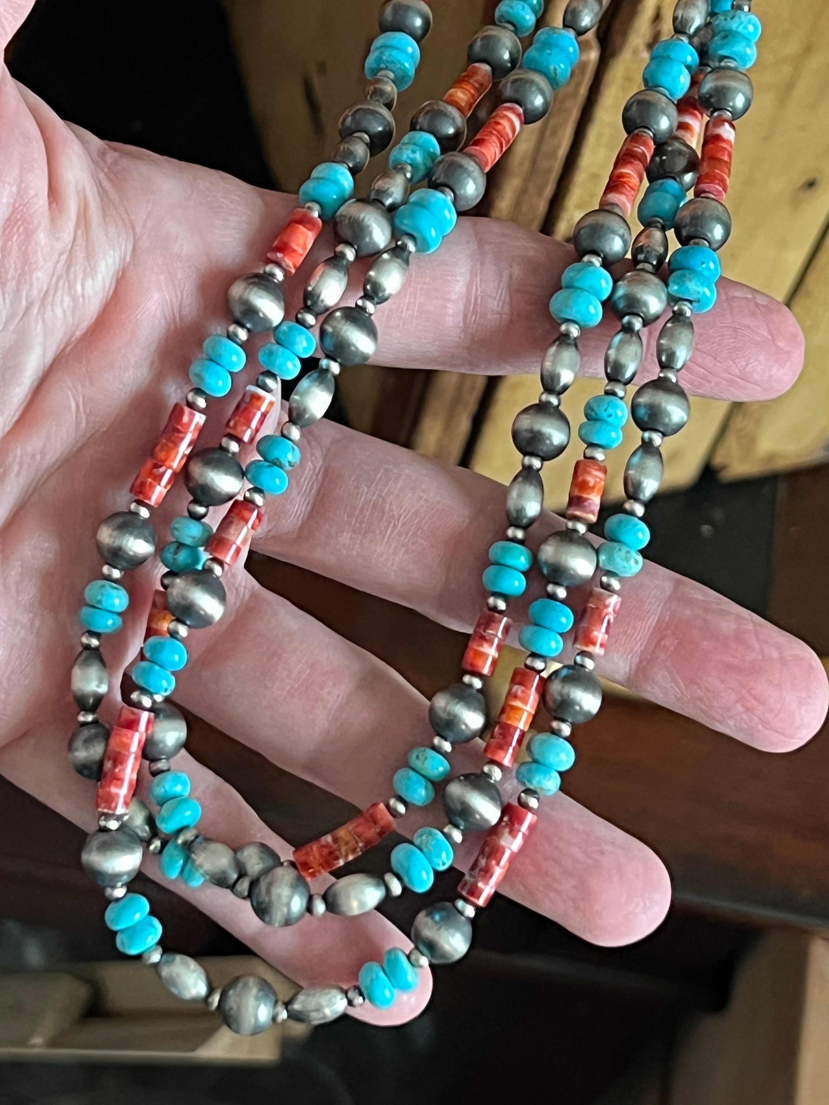 Bohemian Bliss Beaded Layering Necklace with Sterling Silver, Spiny Oyster Shell and Turquoise, 24” + 1.5”